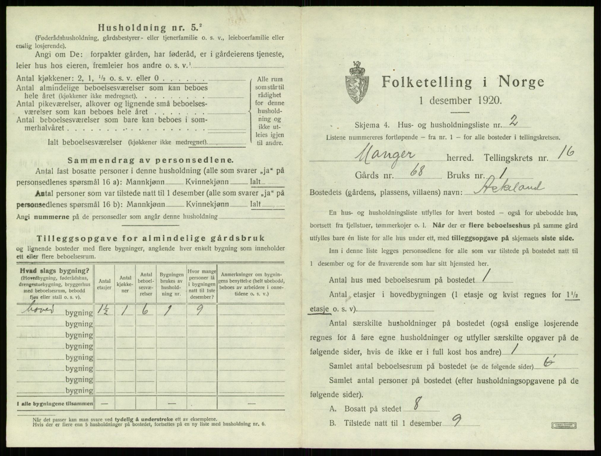 SAB, 1920 census for Manger, 1920, p. 1181