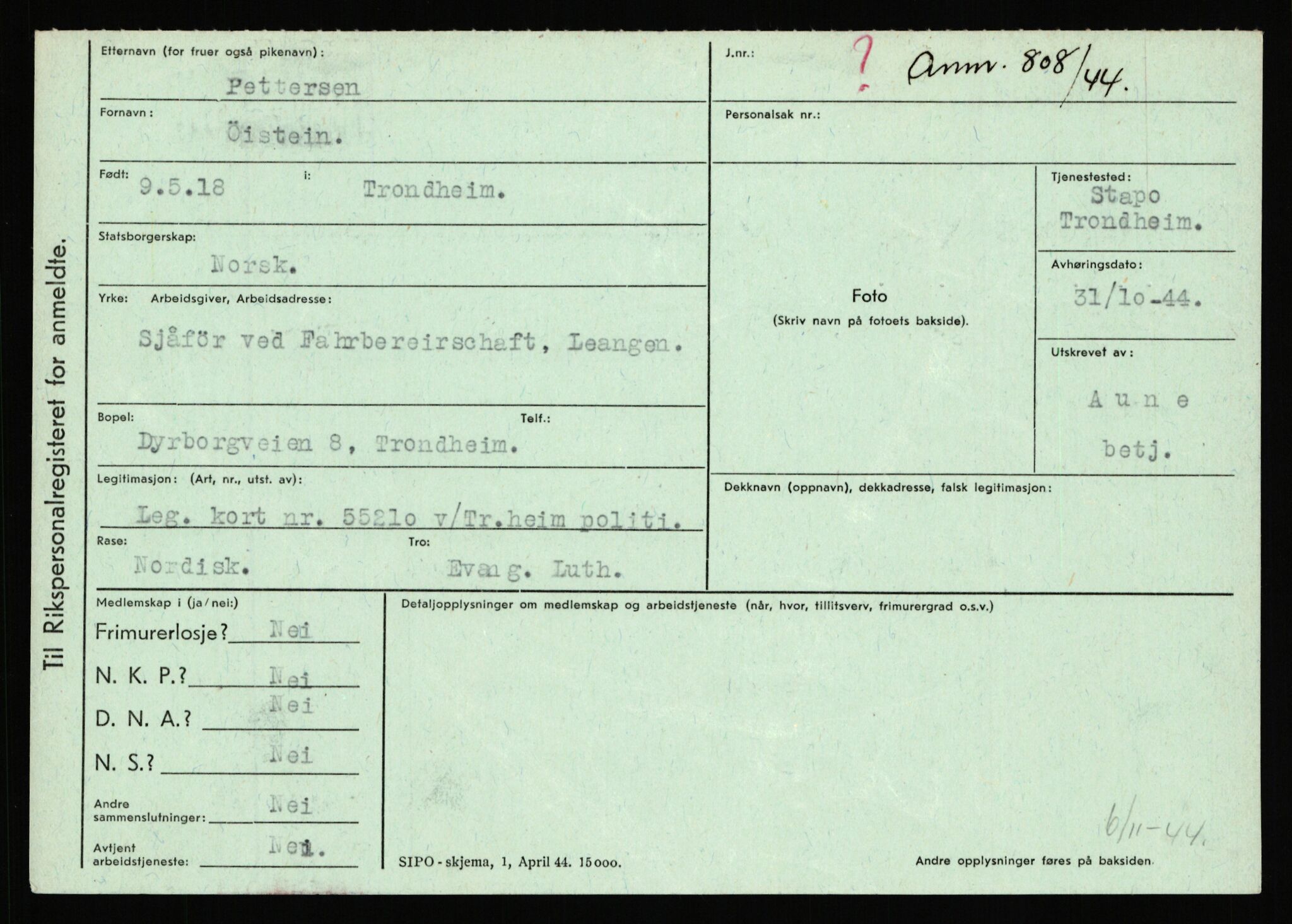 Statspolitiet - Hovedkontoret / Osloavdelingen, AV/RA-S-1329/C/Ca/L0012: Oanæs - Quistgaard	, 1943-1945, p. 4440