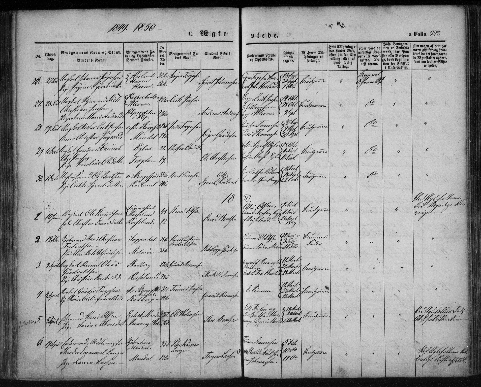 Mandal sokneprestkontor, SAK/1111-0030/F/Fa/Faa/L0013: Parish register (official) no. A 13, 1847-1859, p. 278