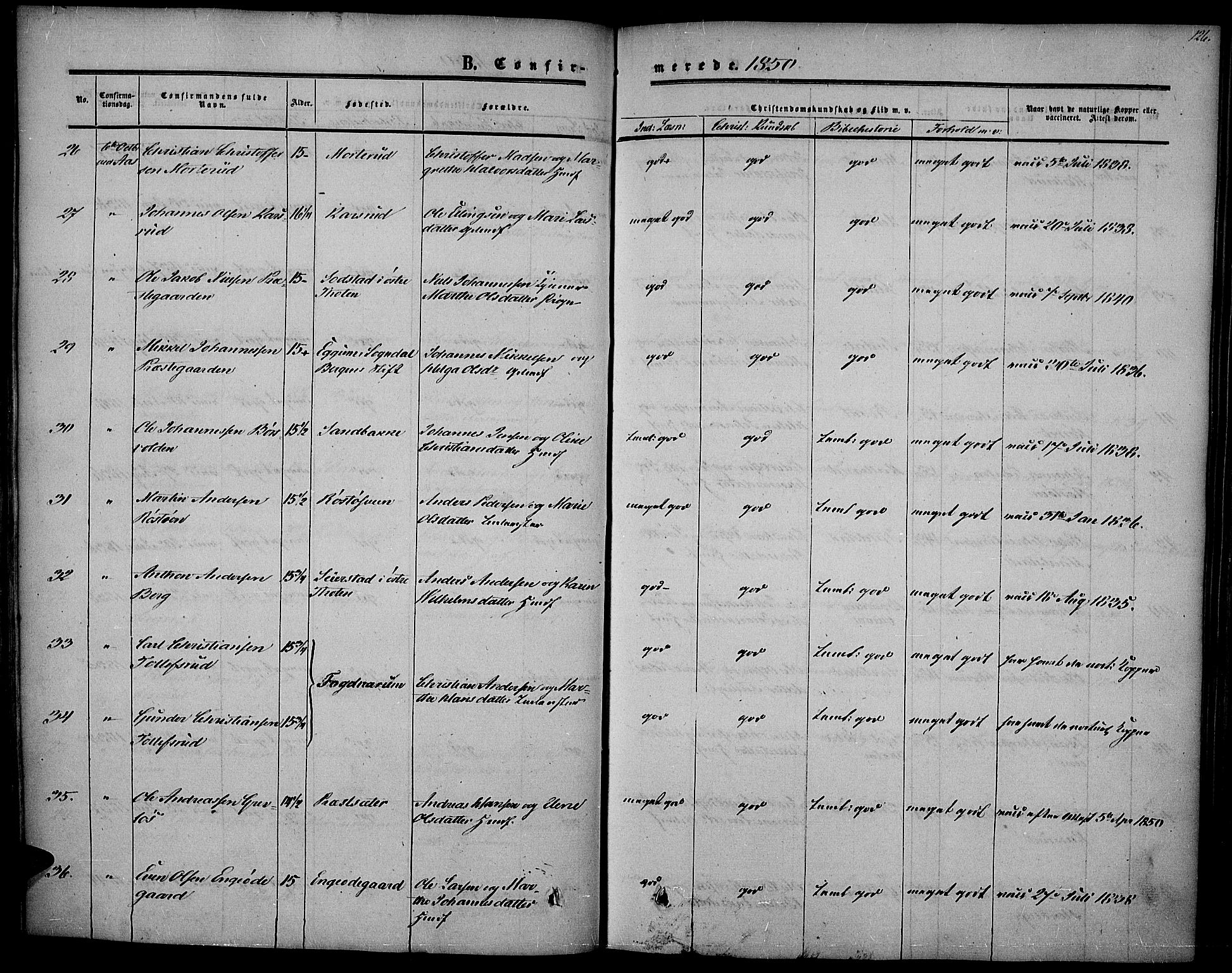 Vestre Toten prestekontor, AV/SAH-PREST-108/H/Ha/Haa/L0005: Parish register (official) no. 5, 1850-1855, p. 126