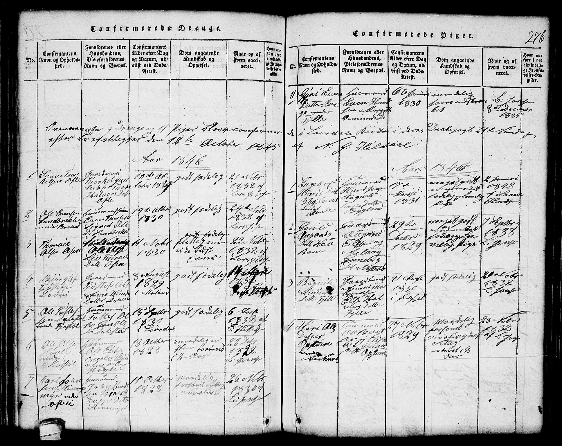 Lårdal kirkebøker, SAKO/A-284/G/Gc/L0001: Parish register (copy) no. III 1, 1815-1854, p. 276