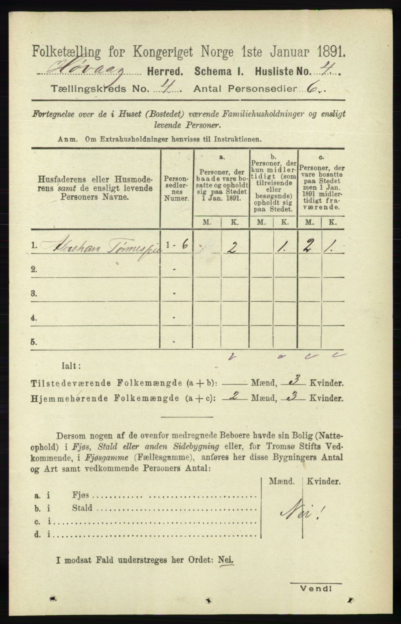 RA, 1891 census for 0927 Høvåg, 1891, p. 1458