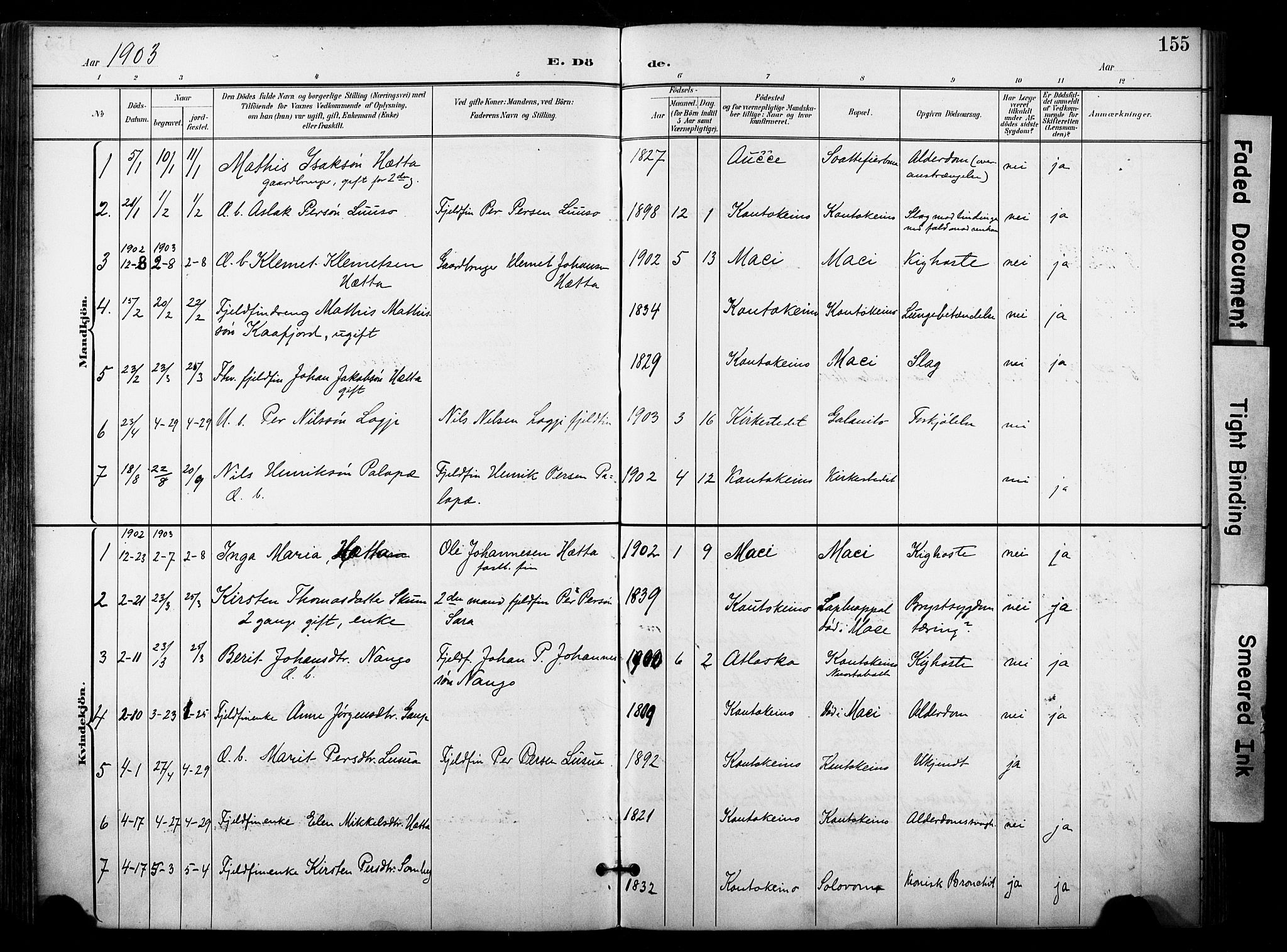 Kautokeino sokneprestembete, AV/SATØ-S-1340/H/Ha/L0005.kirke: Parish register (official) no. 5, 1896-1916, p. 155
