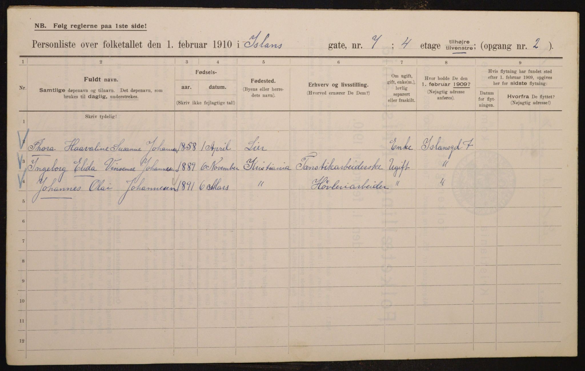 OBA, Municipal Census 1910 for Kristiania, 1910, p. 43447