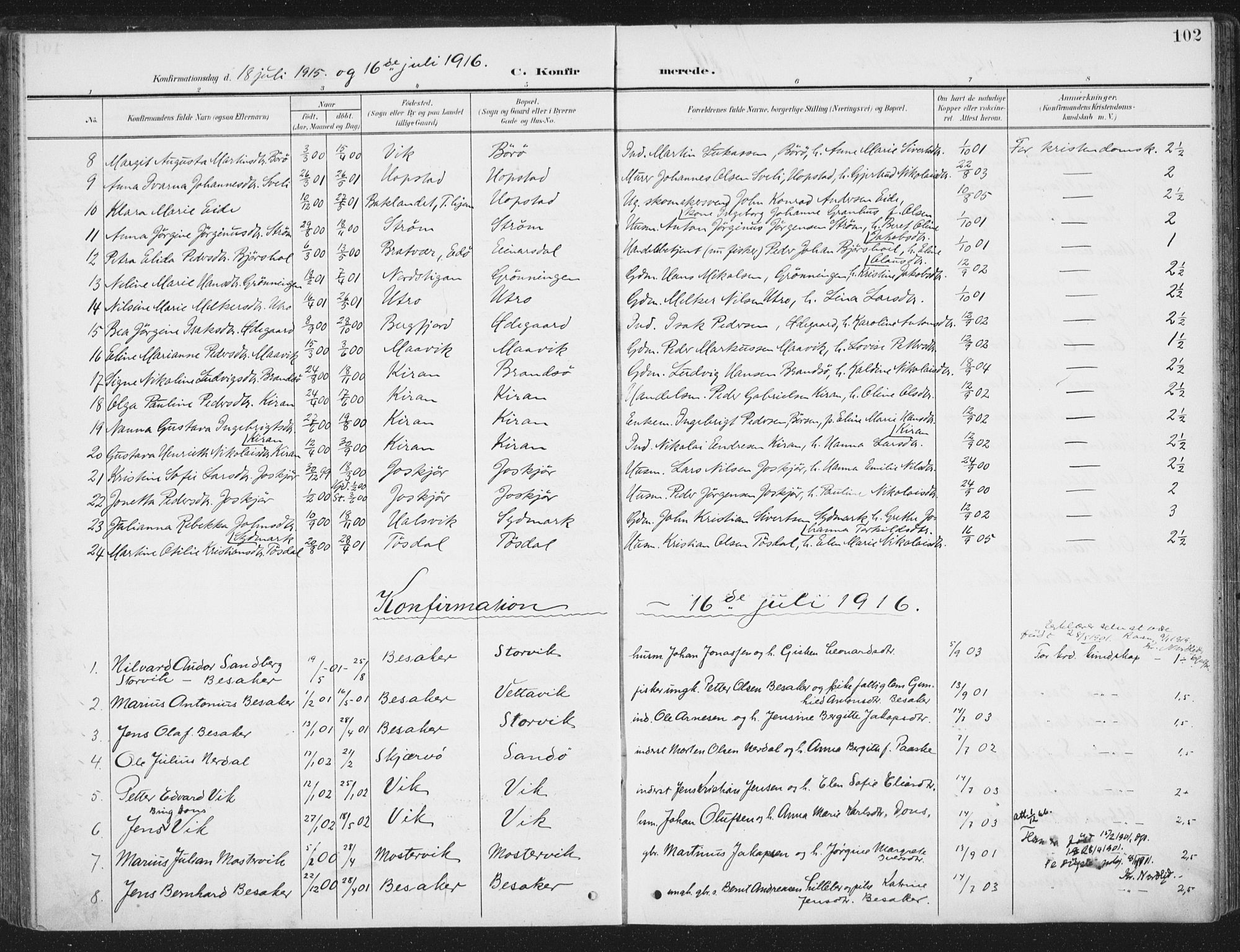 Ministerialprotokoller, klokkerbøker og fødselsregistre - Sør-Trøndelag, SAT/A-1456/657/L0709: Parish register (official) no. 657A10, 1905-1919, p. 102