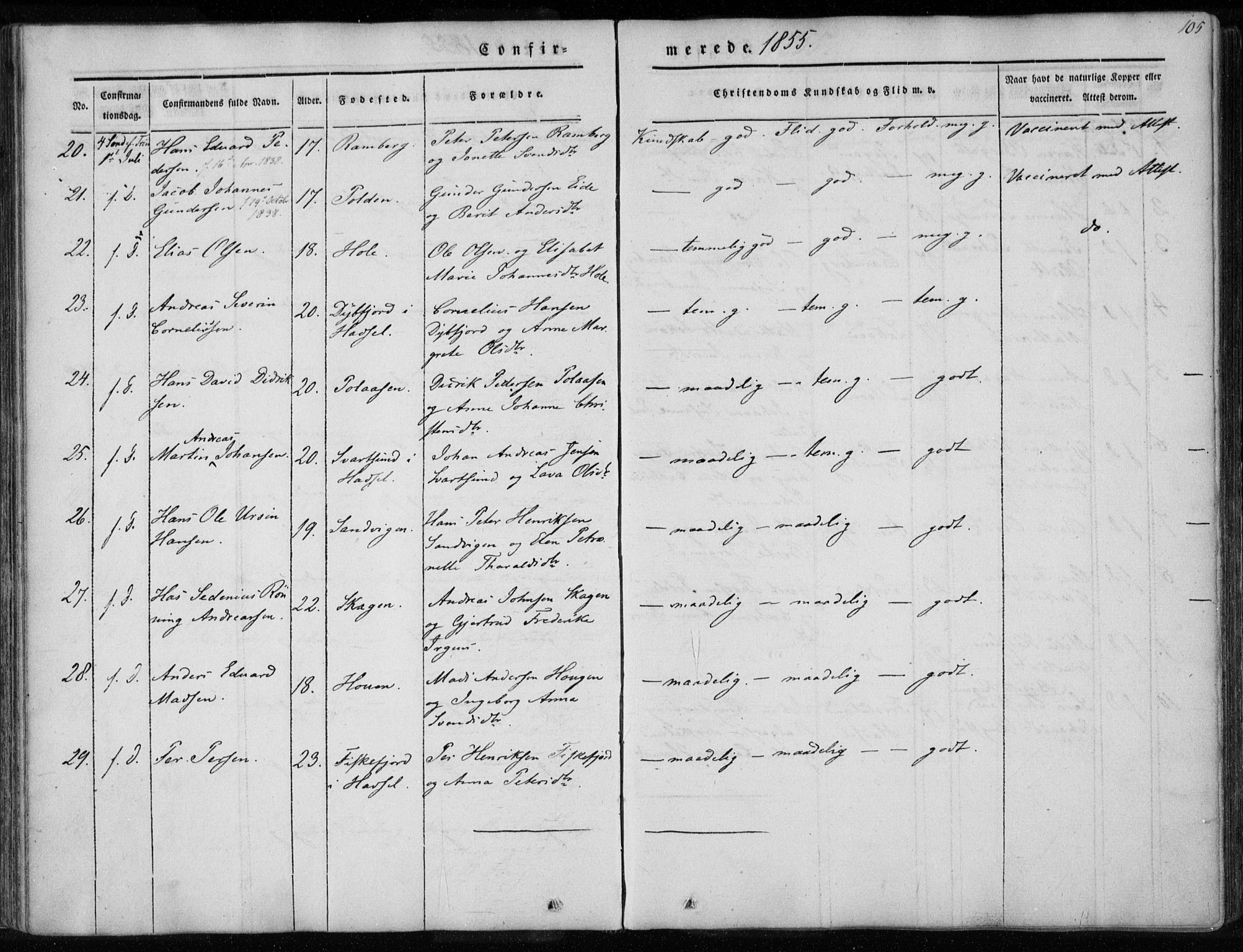 Ministerialprotokoller, klokkerbøker og fødselsregistre - Nordland, AV/SAT-A-1459/891/L1299: Parish register (official) no. 891A04, 1841-1856, p. 105