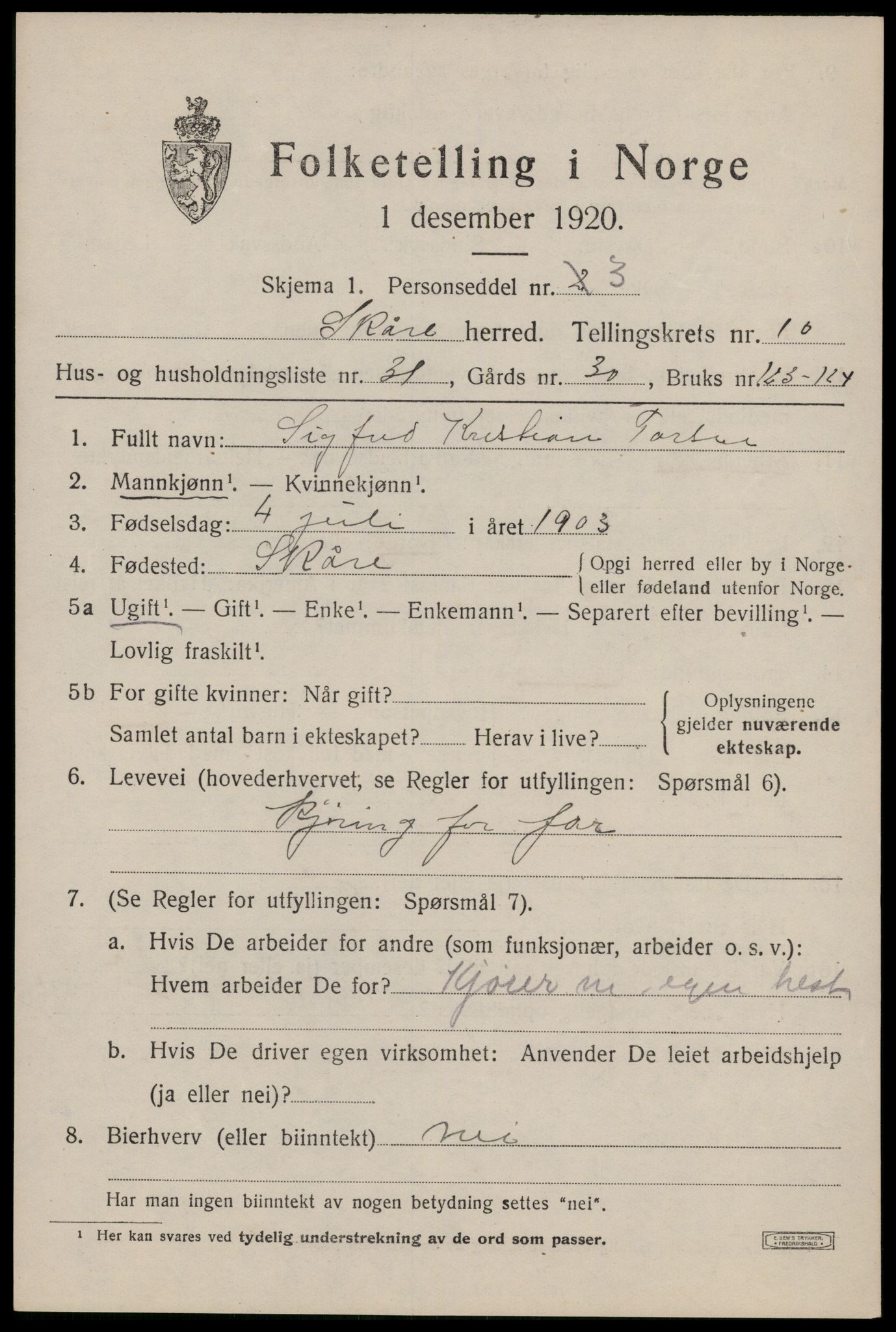 SAST, 1920 census for Skåre, 1920, p. 8270