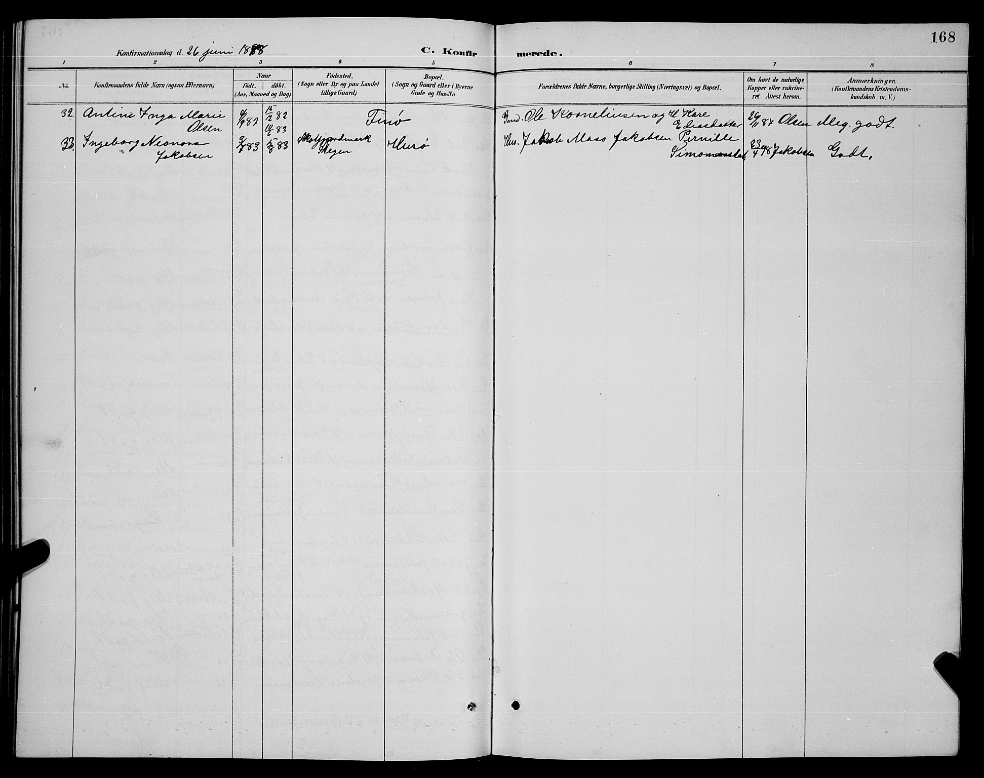 Ministerialprotokoller, klokkerbøker og fødselsregistre - Nordland, SAT/A-1459/859/L0859: Parish register (copy) no. 859C05, 1887-1898, p. 168