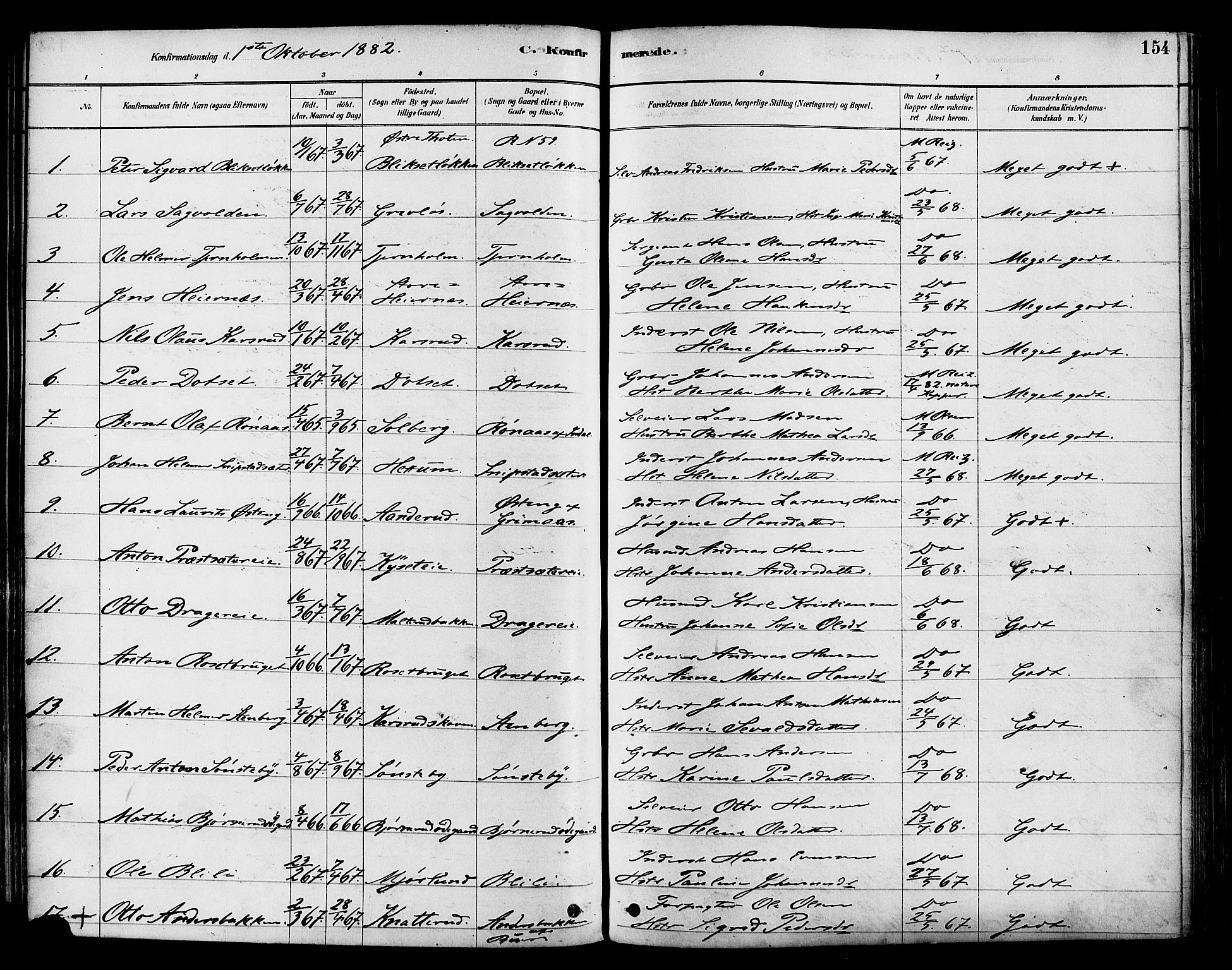 Vestre Toten prestekontor, SAH/PREST-108/H/Ha/Haa/L0009: Parish register (official) no. 9, 1878-1894, p. 154
