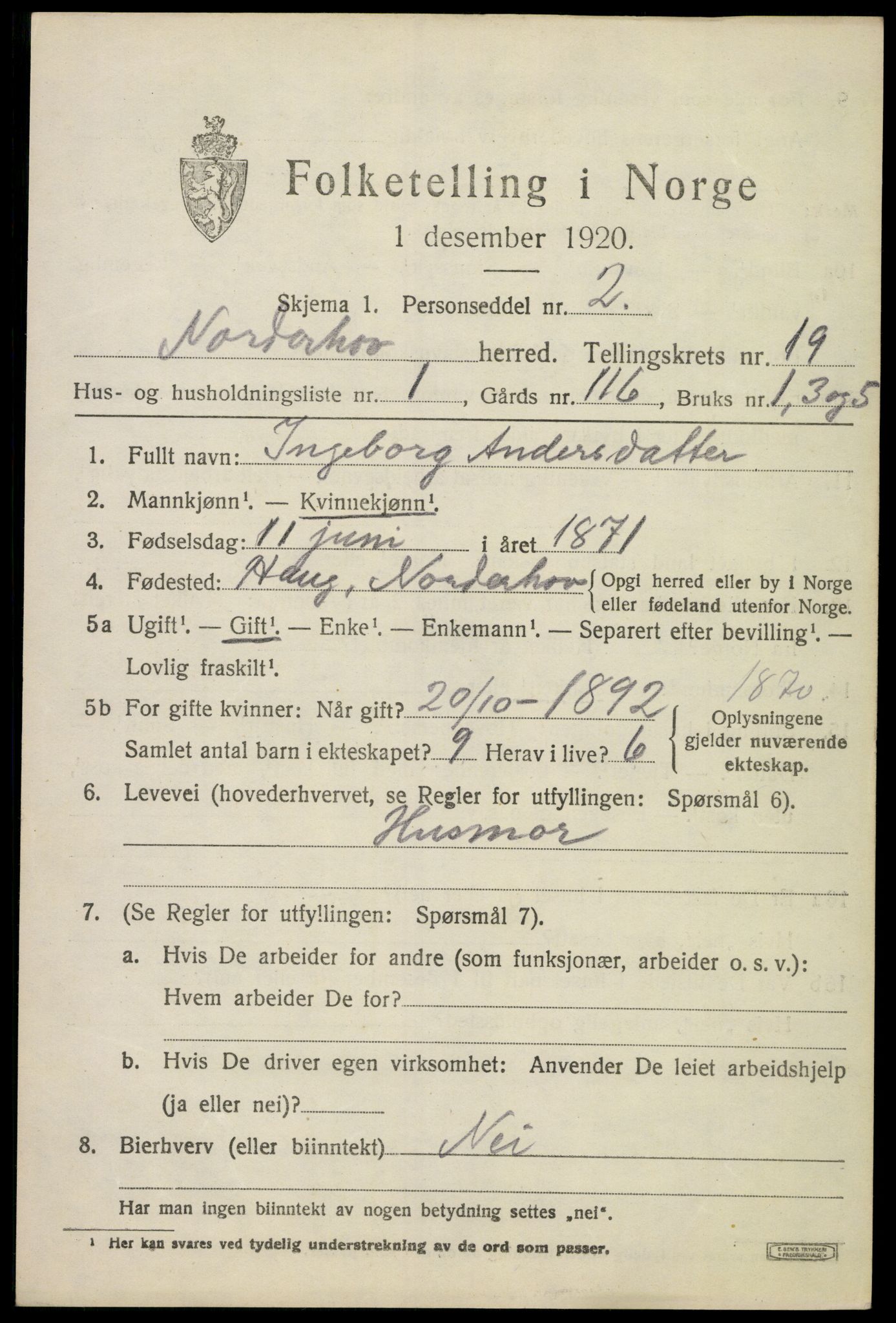 SAKO, 1920 census for Norderhov, 1920, p. 20306