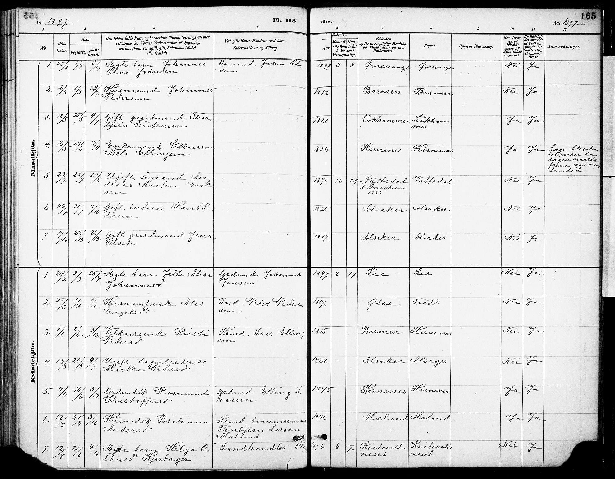 Tysnes sokneprestembete, SAB/A-78601/H/Haa: Parish register (official) no. C 1, 1887-1912, p. 165