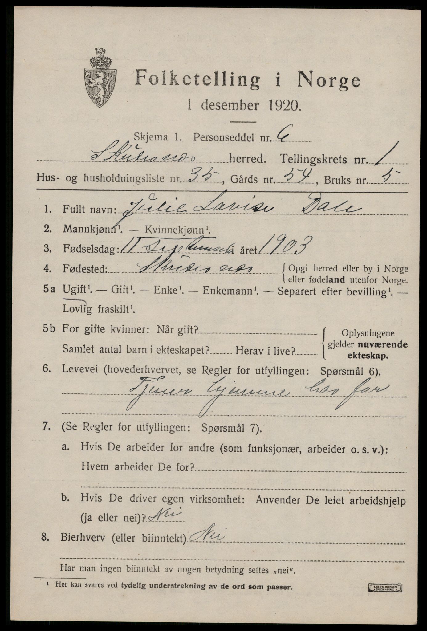 SAST, 1920 census for Skudenes, 1920, p. 1484