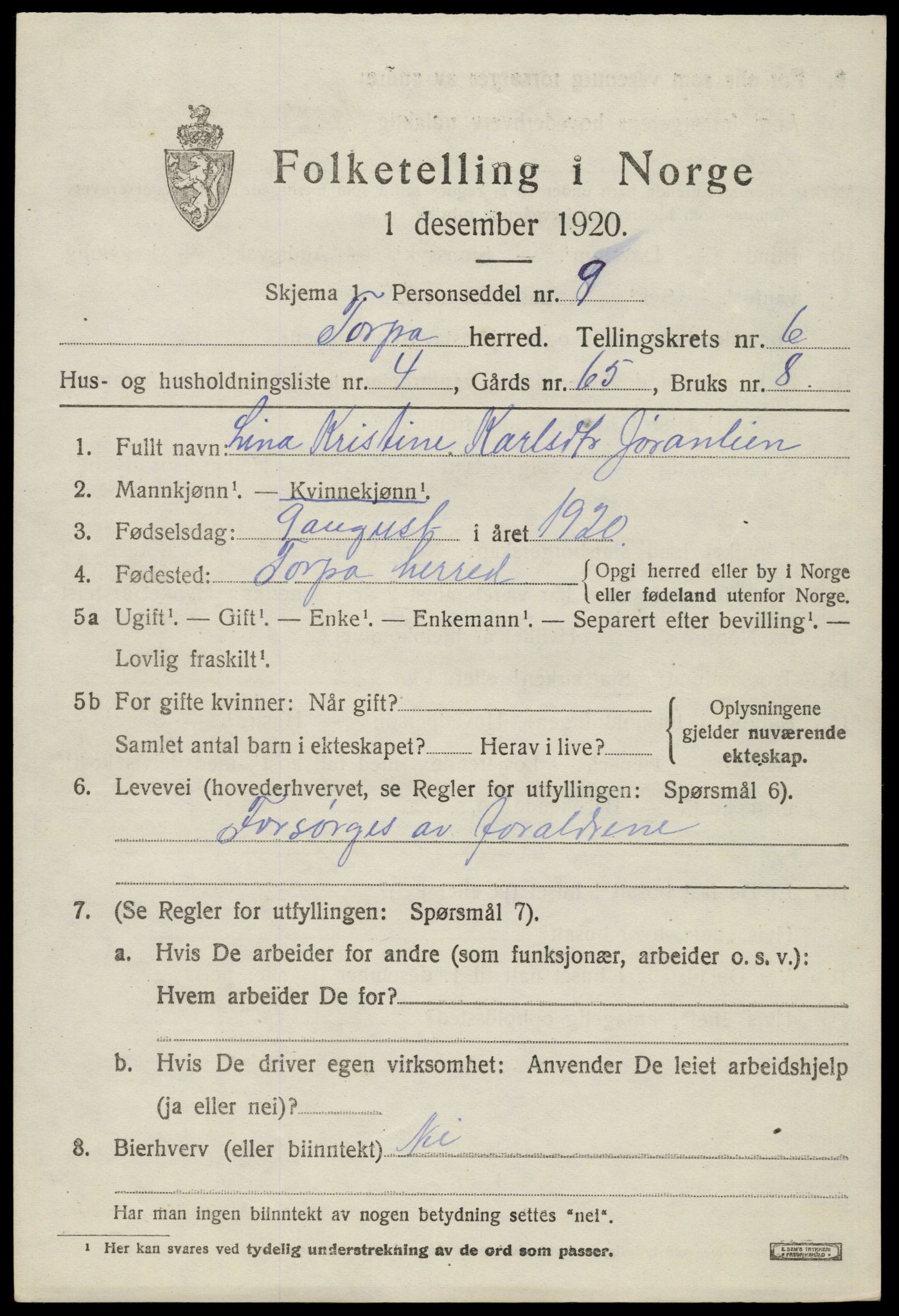 SAH, 1920 census for Torpa, 1920, p. 4019