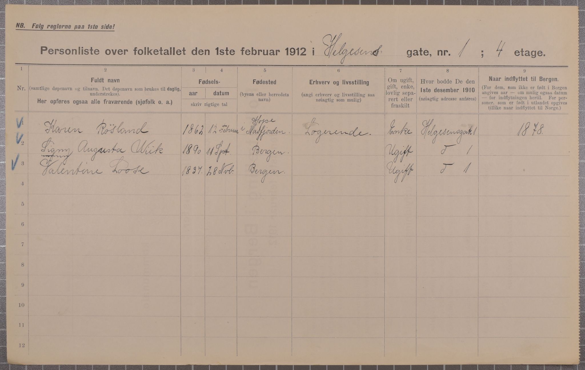 SAB, Municipal Census 1912 for Bergen, 1912, p. 1983