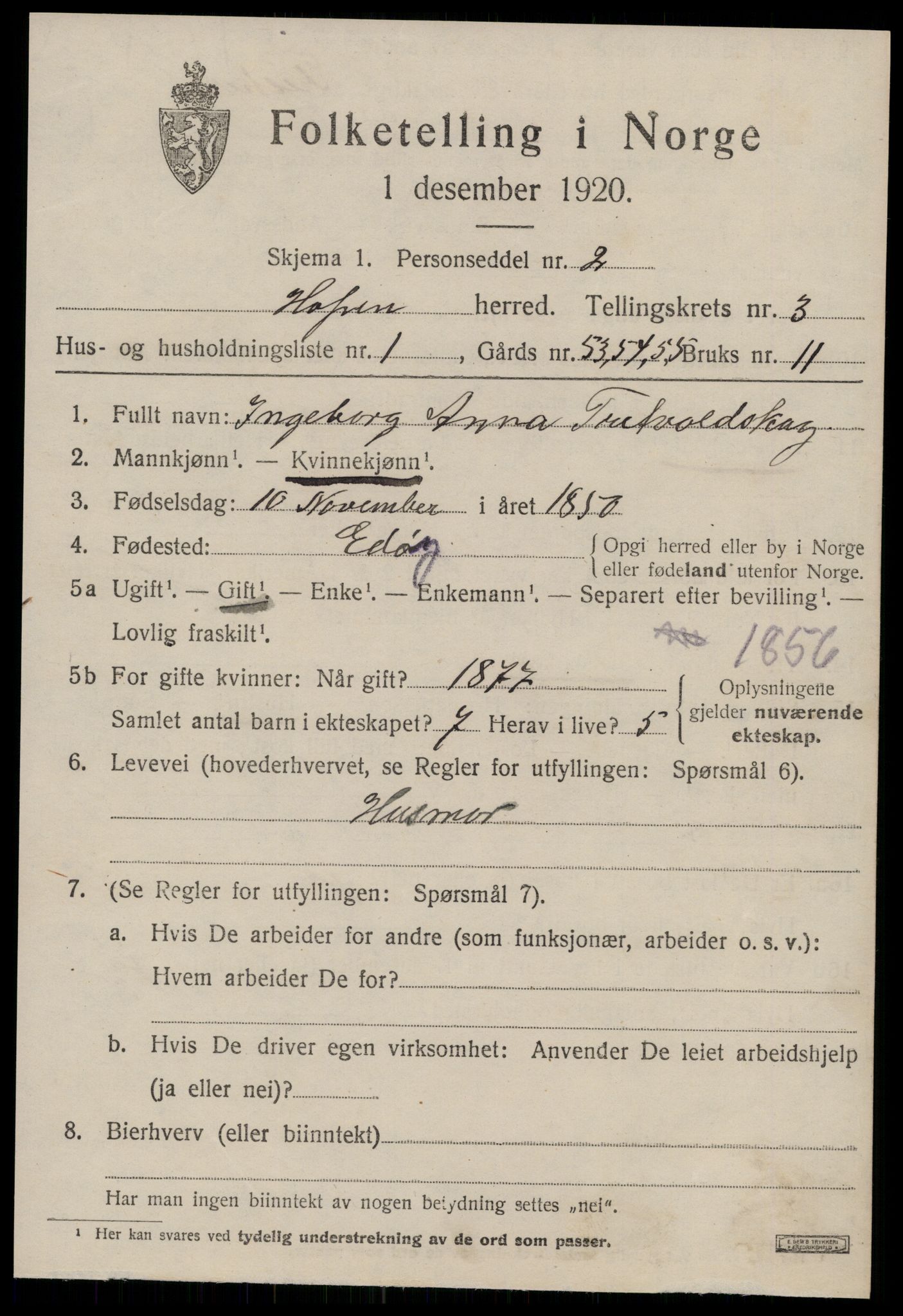 SAT, 1920 census for Hopen, 1920, p. 1500