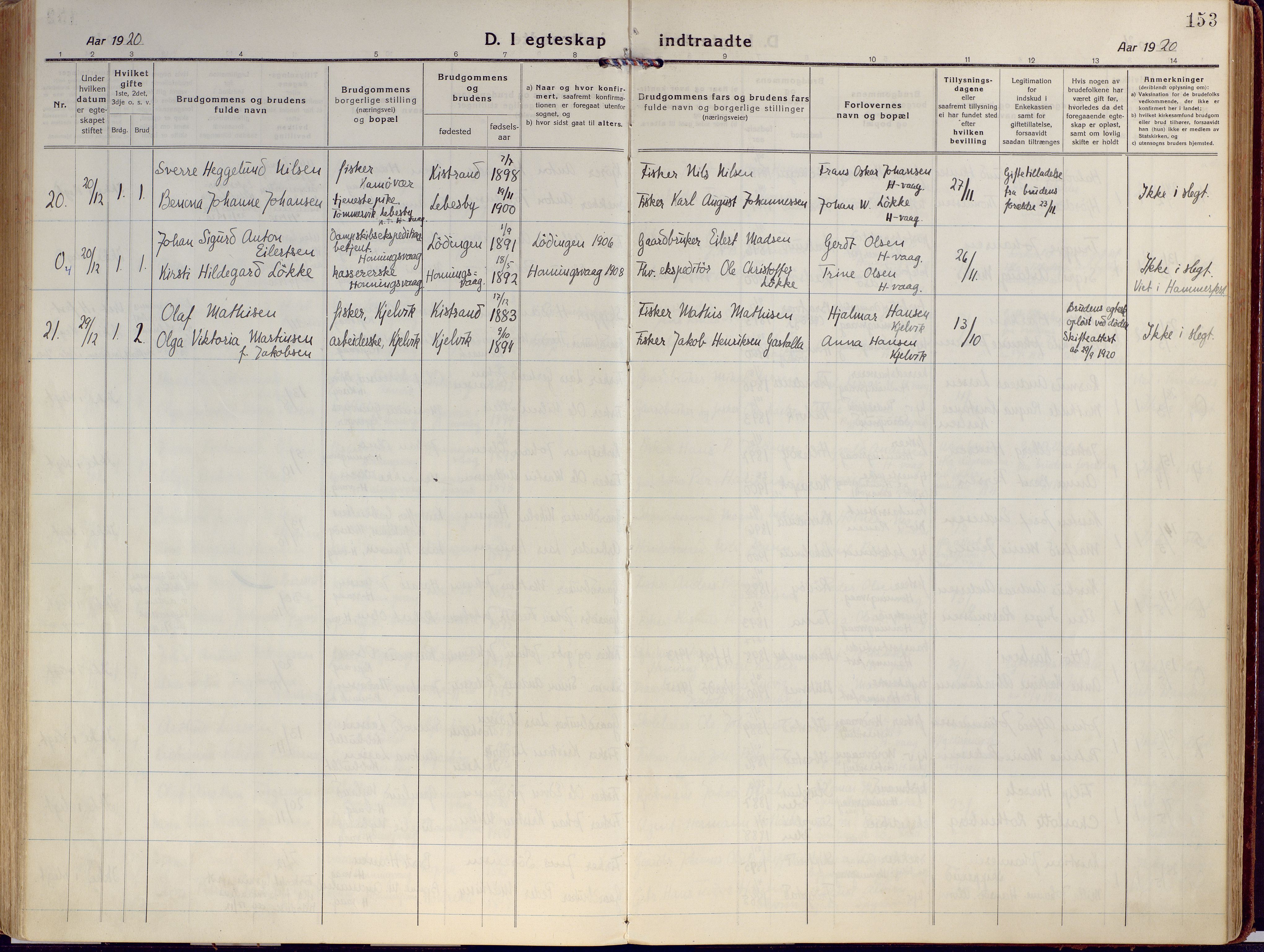 Kjelvik/Nordkapp sokneprestkontor, AV/SATØ-S-1350/H/Ha/L0002kirke: Parish register (official) no. 2, 1920-1929, p. 153