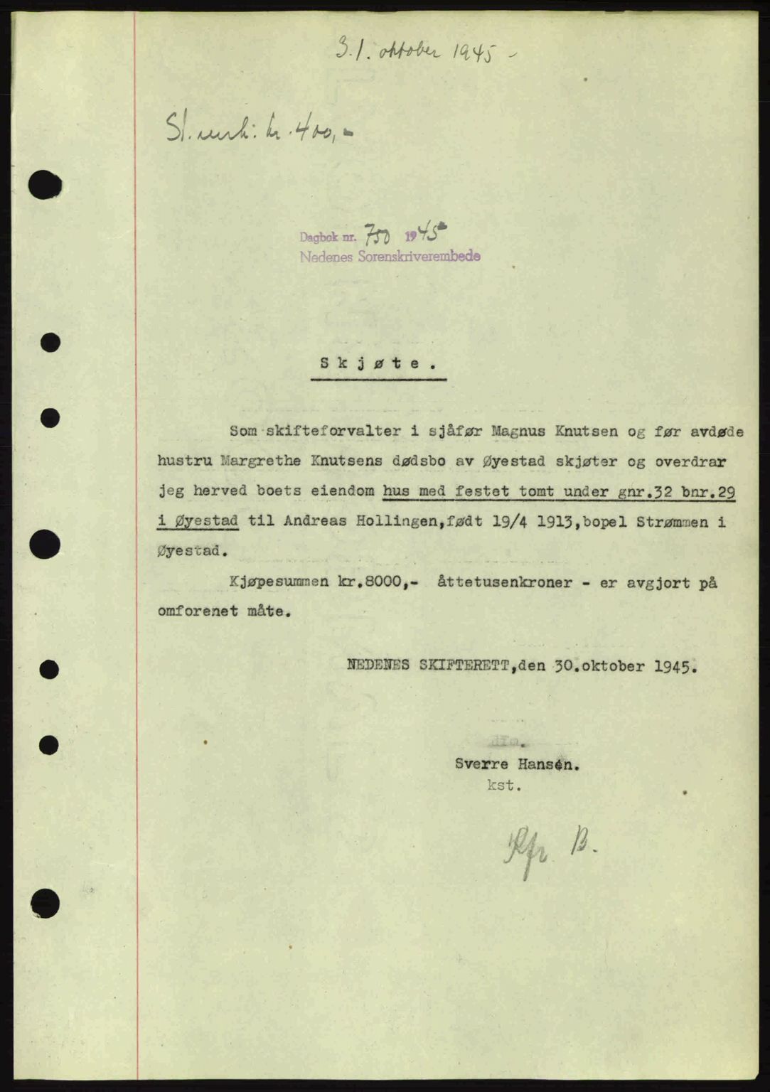 Nedenes sorenskriveri, SAK/1221-0006/G/Gb/Gba/L0053: Mortgage book no. A6b, 1945-1945, Diary no: : 750/1945
