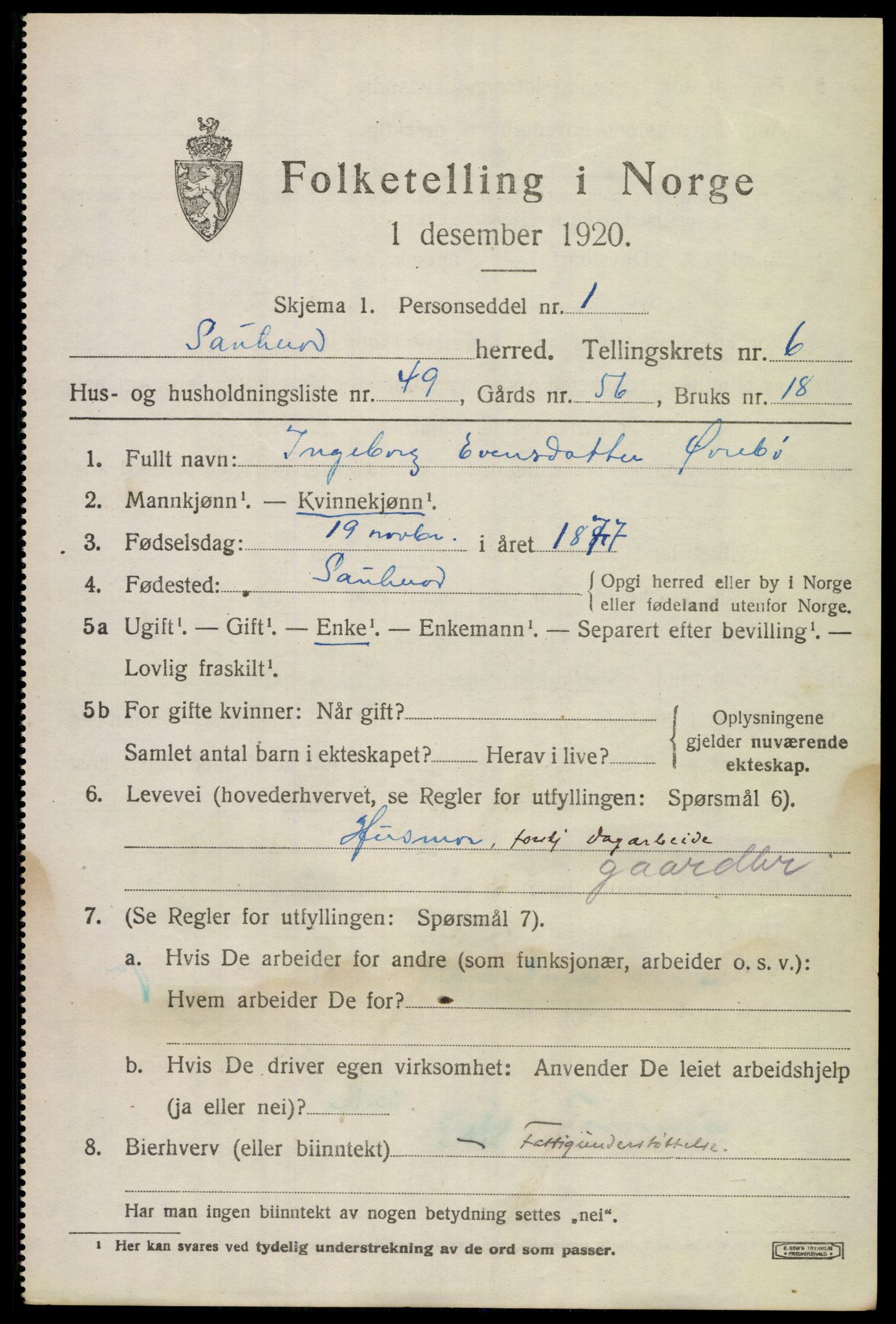 SAKO, 1920 census for Sauherad, 1920, p. 5585