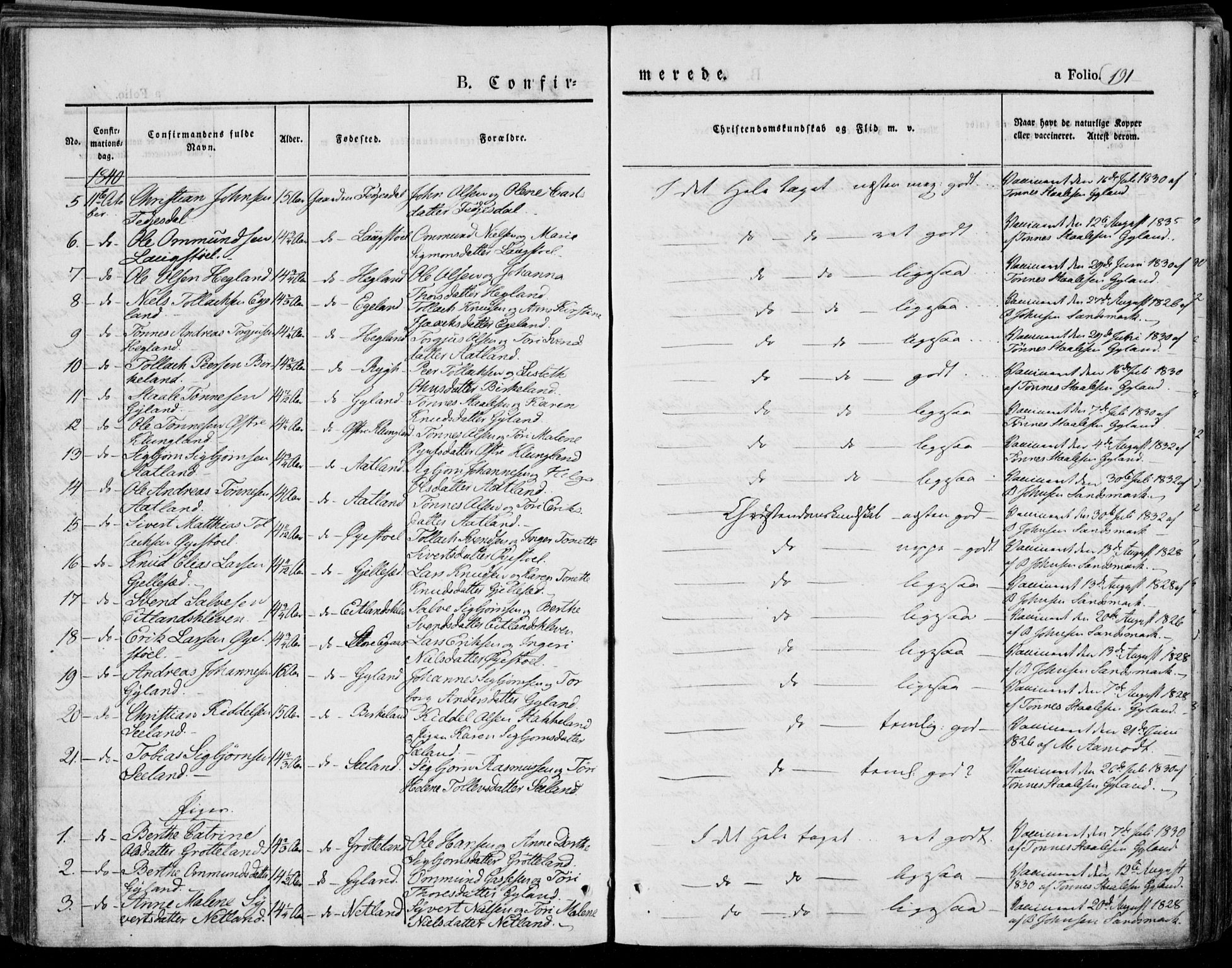 Bakke sokneprestkontor, AV/SAK-1111-0002/F/Fa/Faa/L0004: Parish register (official) no. A 4, 1834-1846, p. 191