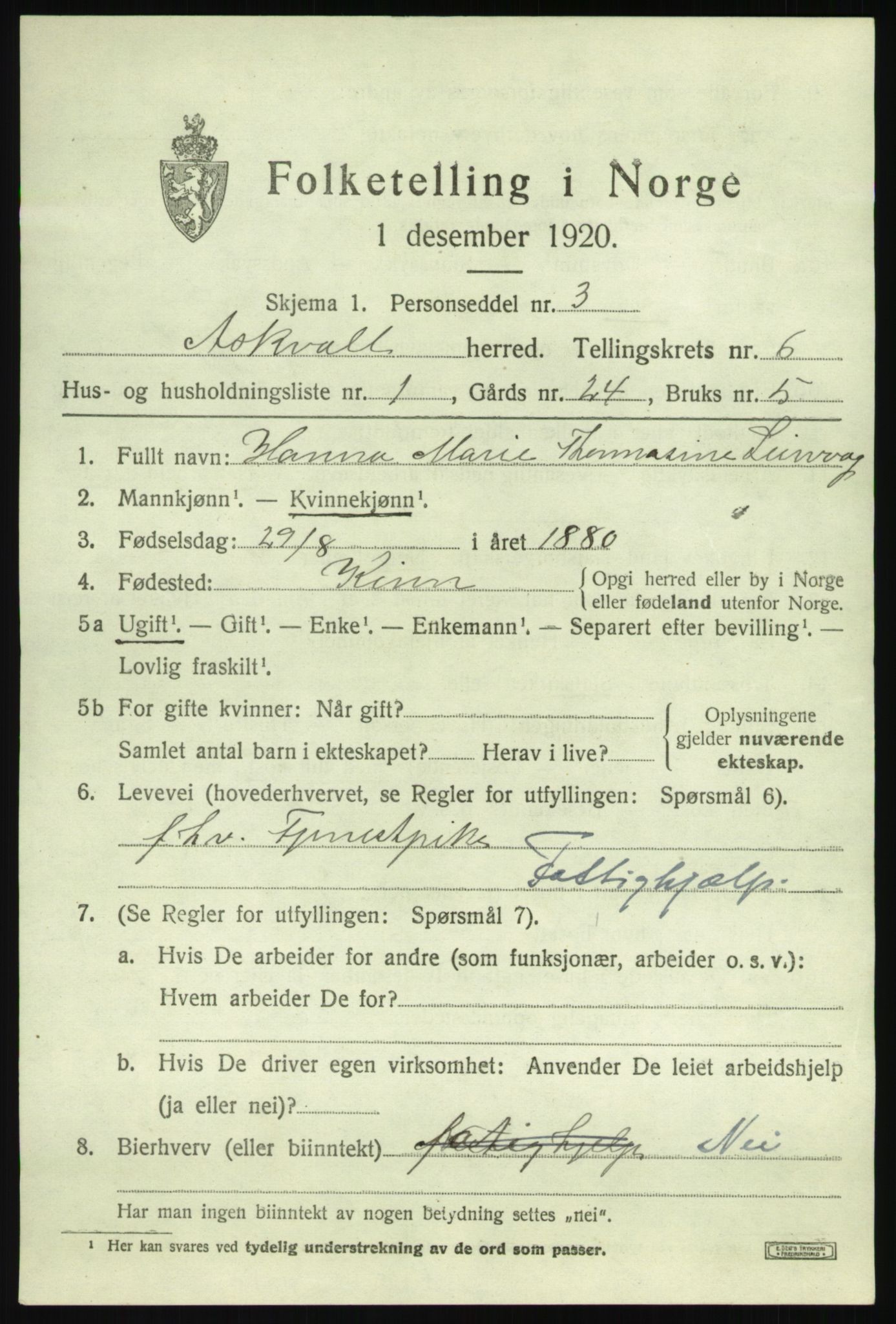 SAB, 1920 census for Askvoll, 1920, p. 2986