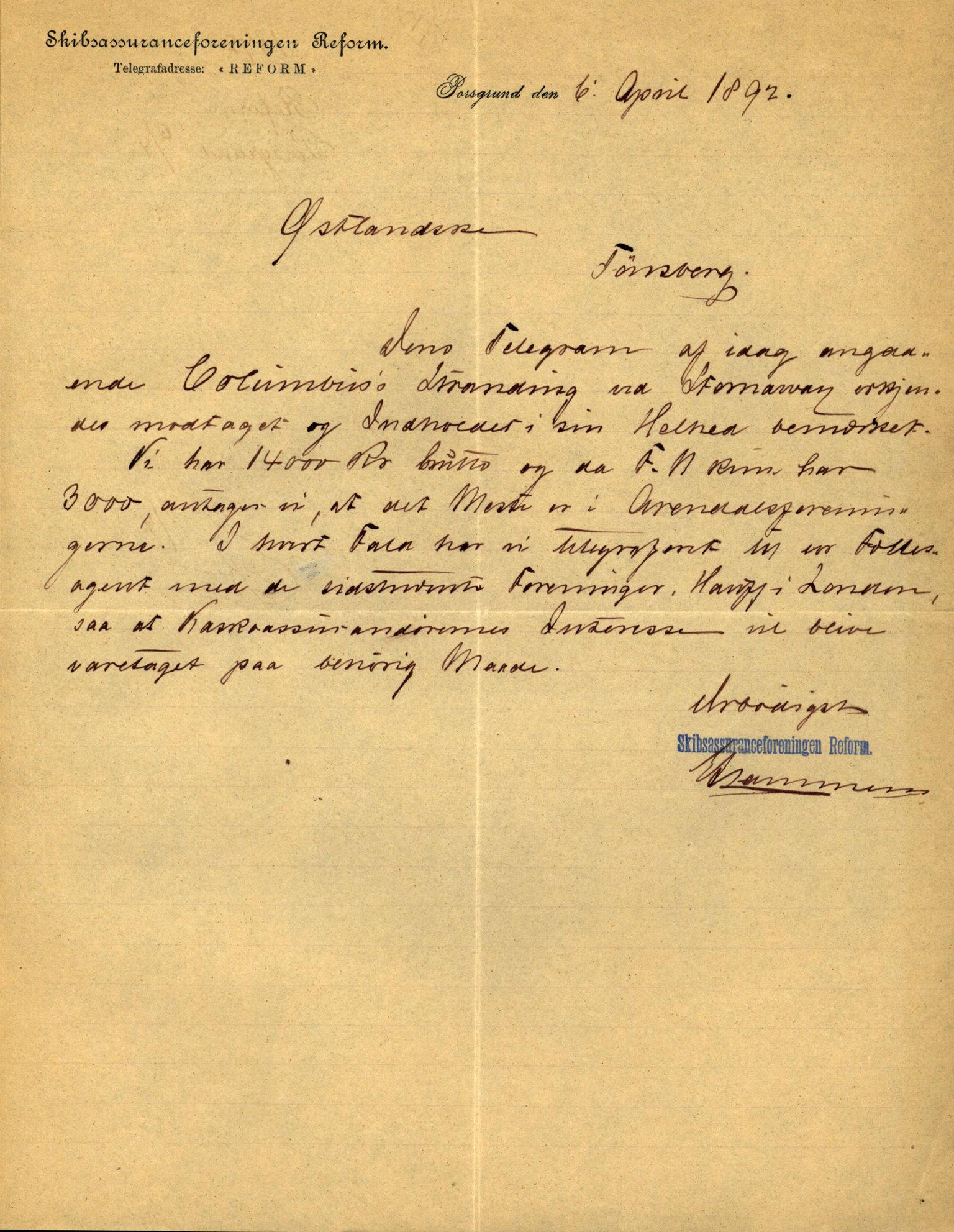 Pa 63 - Østlandske skibsassuranceforening, VEMU/A-1079/G/Ga/L0029/0002: Havaridokumenter / Johanne, Ocean, Capella, Columbus, Castro, 1892, p. 42