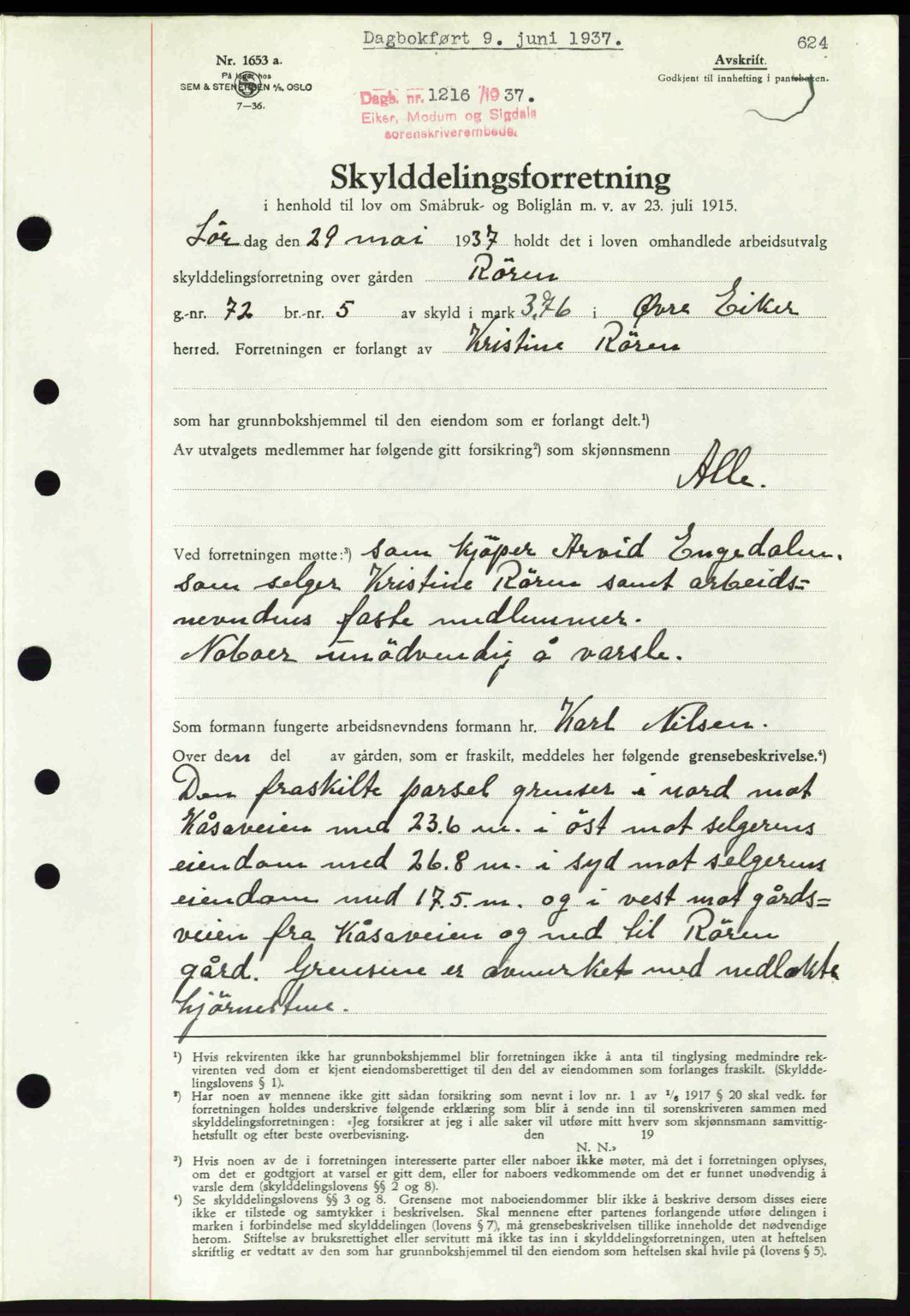 Eiker, Modum og Sigdal sorenskriveri, SAKO/A-123/G/Ga/Gab/L0035: Mortgage book no. A5, 1937-1937, Diary no: : 1216/1937