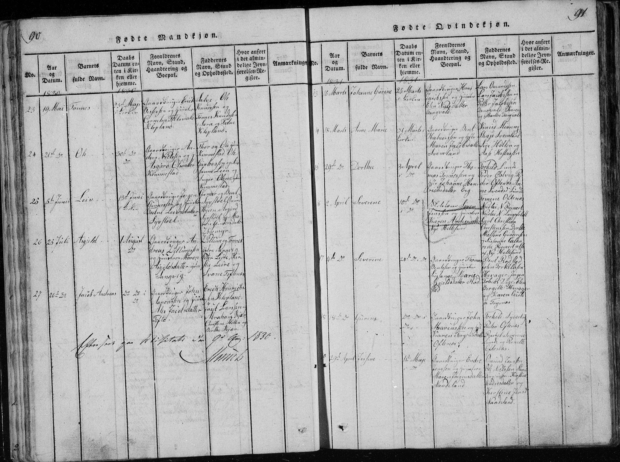 Søgne sokneprestkontor, SAK/1111-0037/F/Fb/Fbb/L0002: Parish register (copy) no. B 2, 1821-1838, p. 90-91