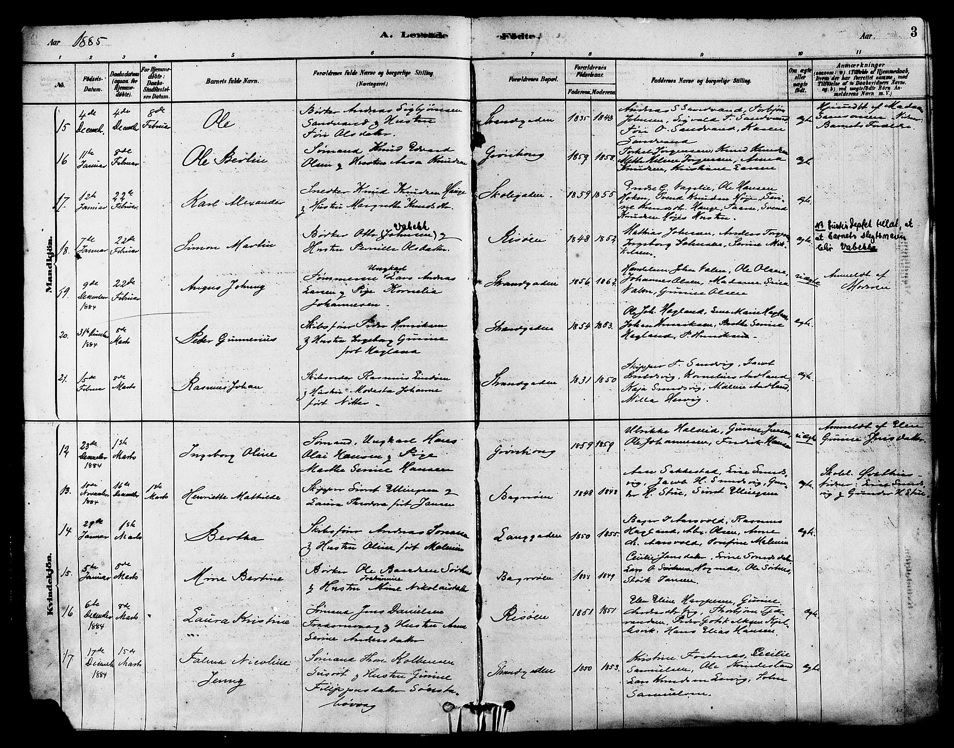 Haugesund sokneprestkontor, SAST/A -101863/H/Ha/Haa/L0003: Parish register (official) no. A 3, 1885-1890, p. 3