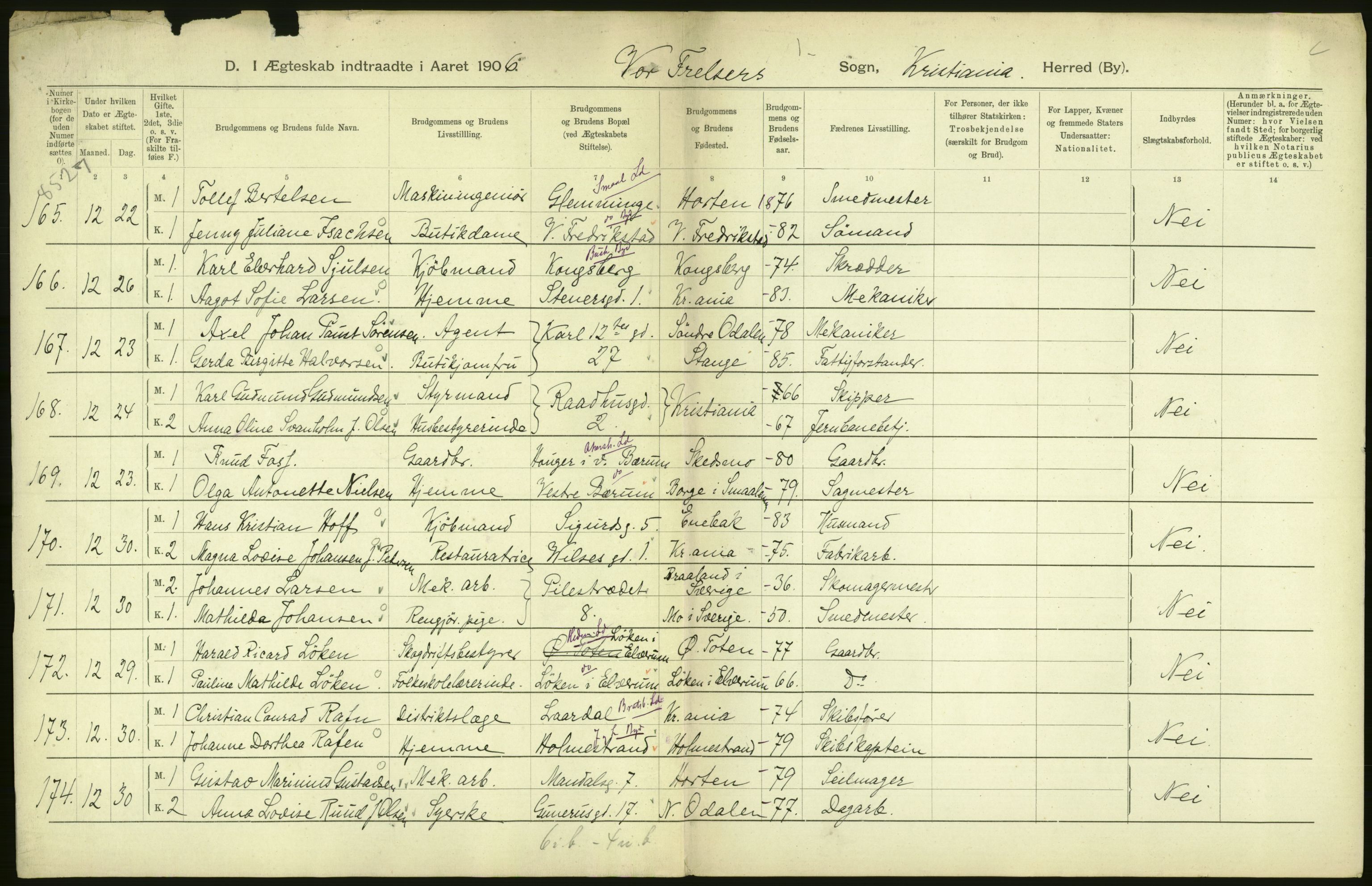 Statistisk sentralbyrå, Sosiodemografiske emner, Befolkning, AV/RA-S-2228/D/Df/Dfa/Dfad/L0008: Kristiania: Gifte, 1906, p. 170