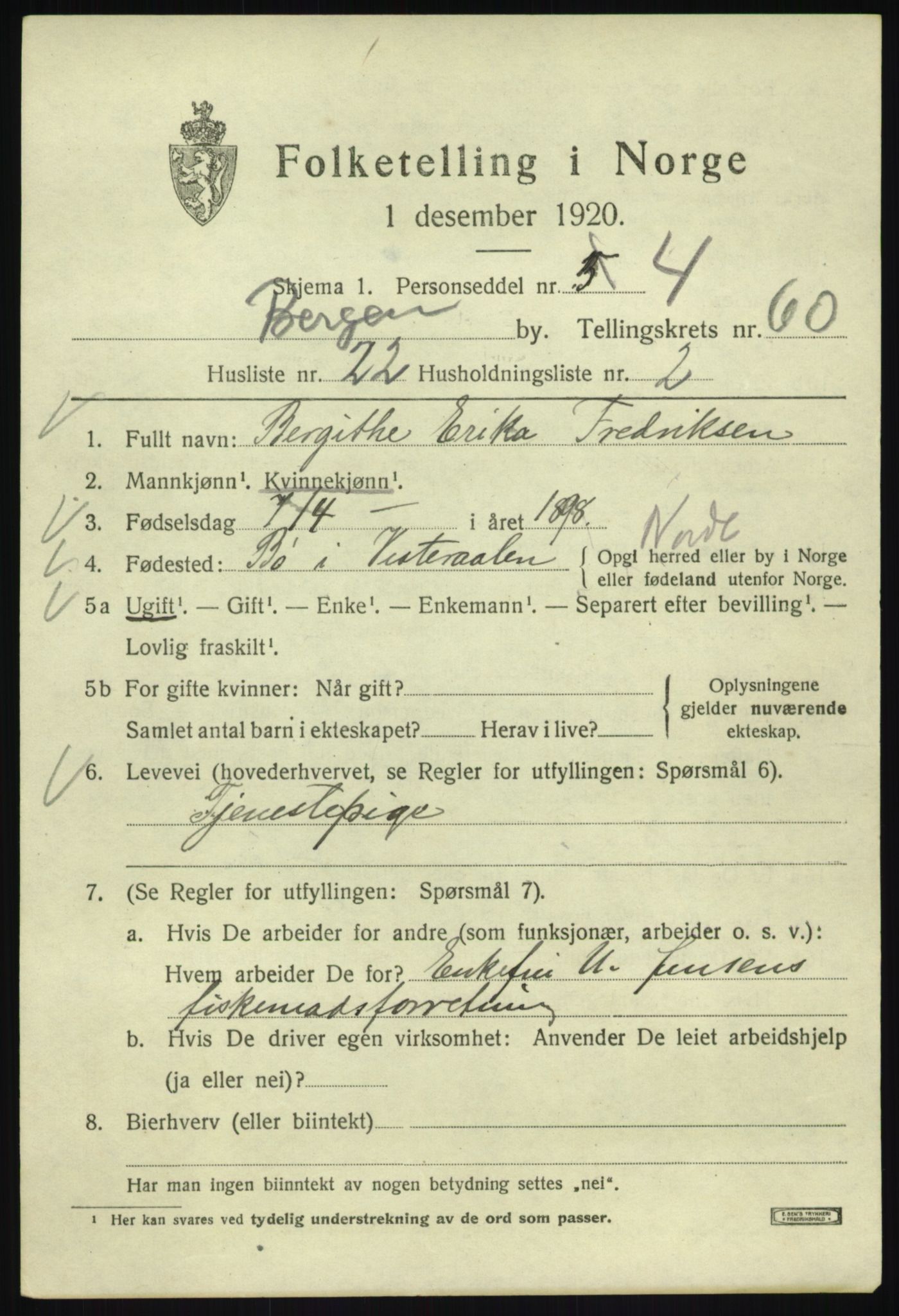 SAB, 1920 census for Bergen, 1920, p. 129774