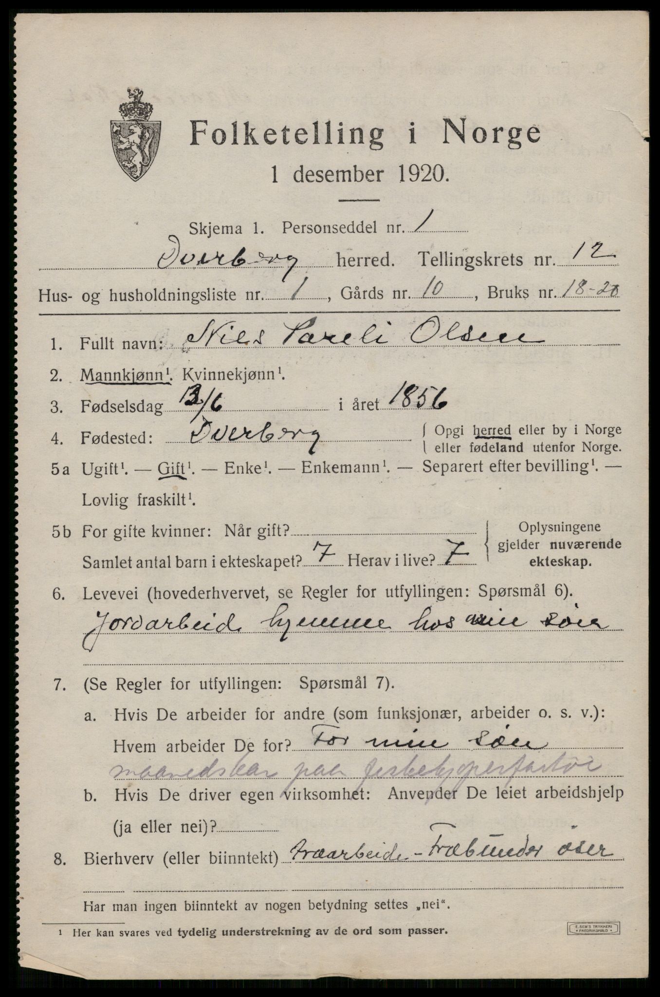 SAT, 1920 census for Dverberg, 1920, p. 9420