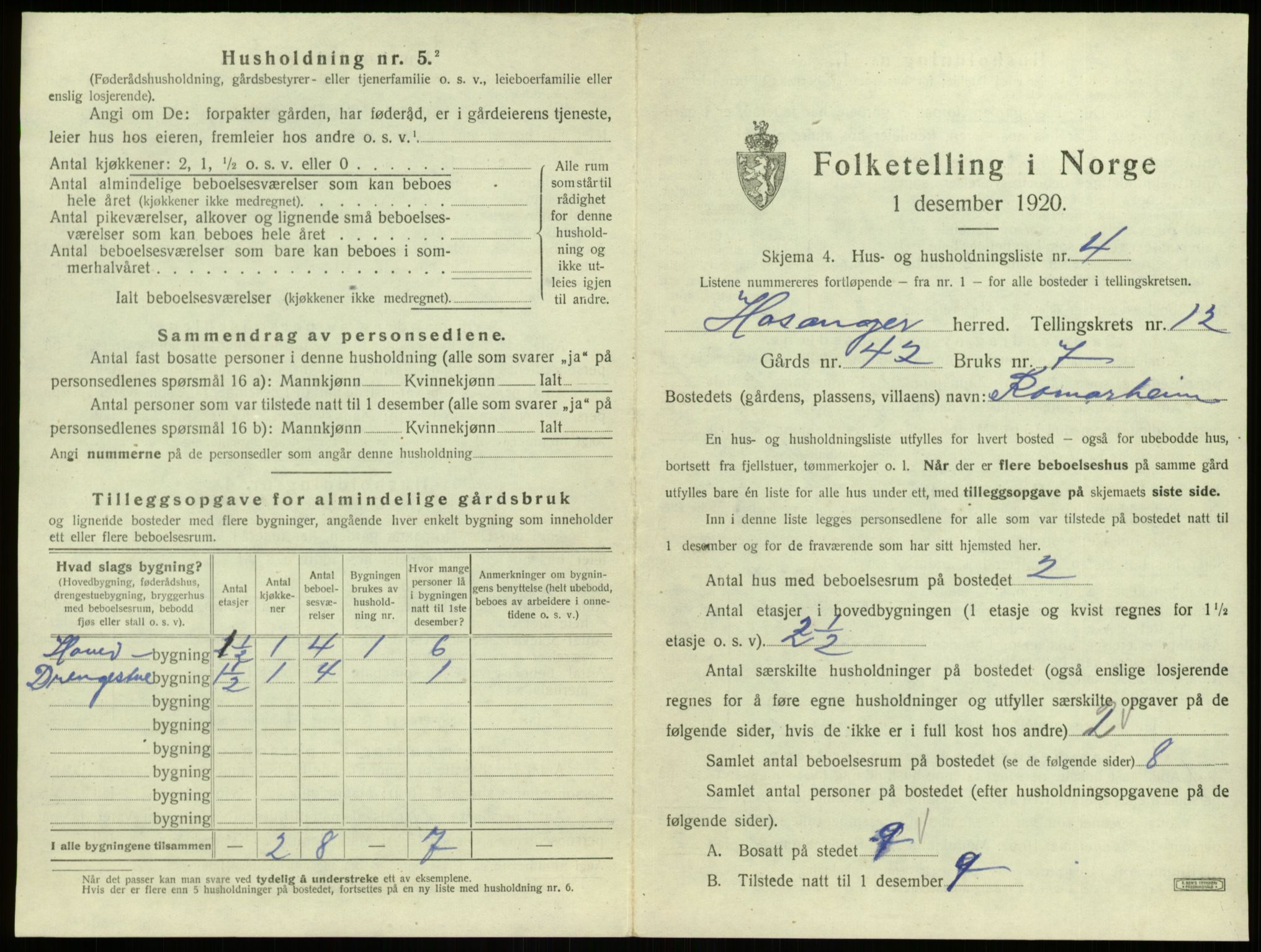 SAB, 1920 census for Hosanger, 1920, p. 650