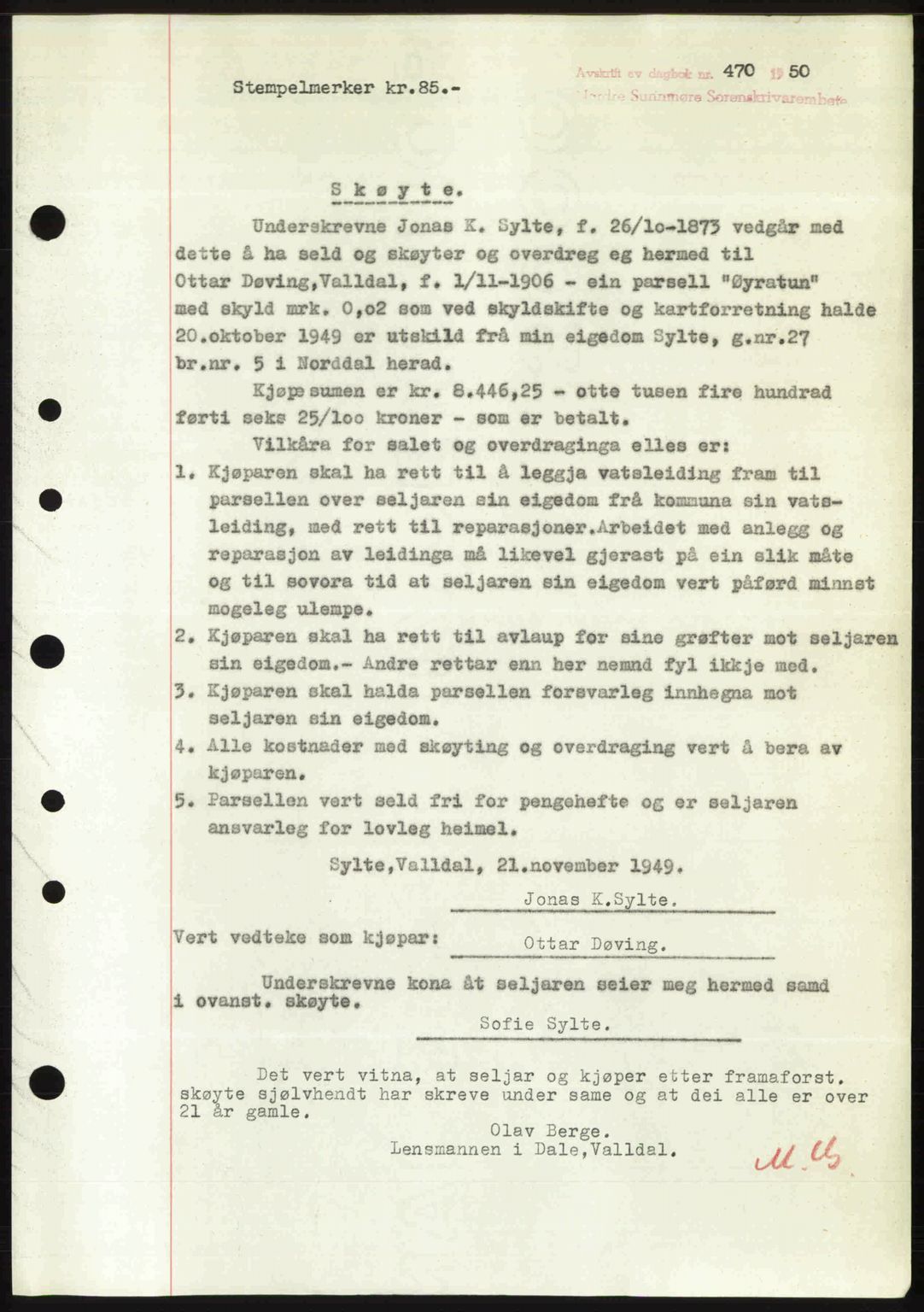 Nordre Sunnmøre sorenskriveri, AV/SAT-A-0006/1/2/2C/2Ca: Mortgage book no. A33, 1949-1950, Diary no: : 470/1950