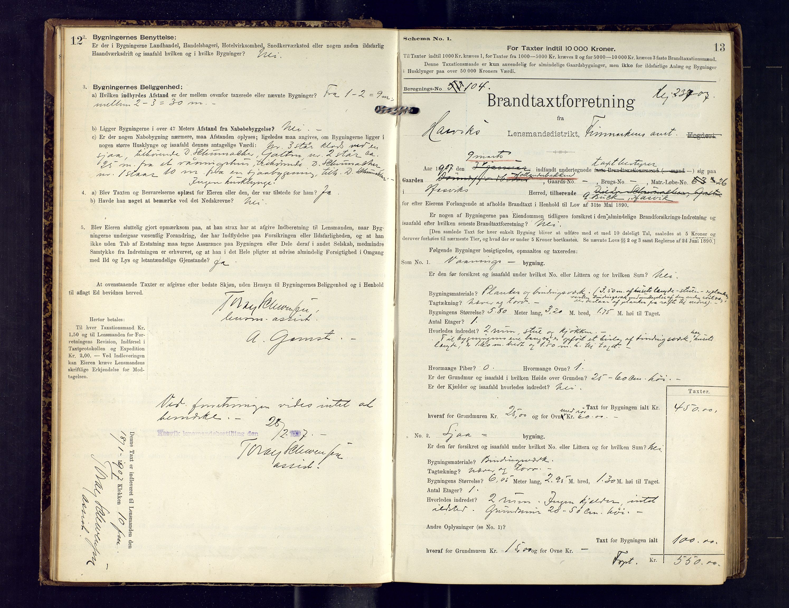 Hasvik lensmannskontor, AV/SATØ-SATO-164/Fob/L0003: Branntakstprotokoll, 1906-1910, p. 12-13