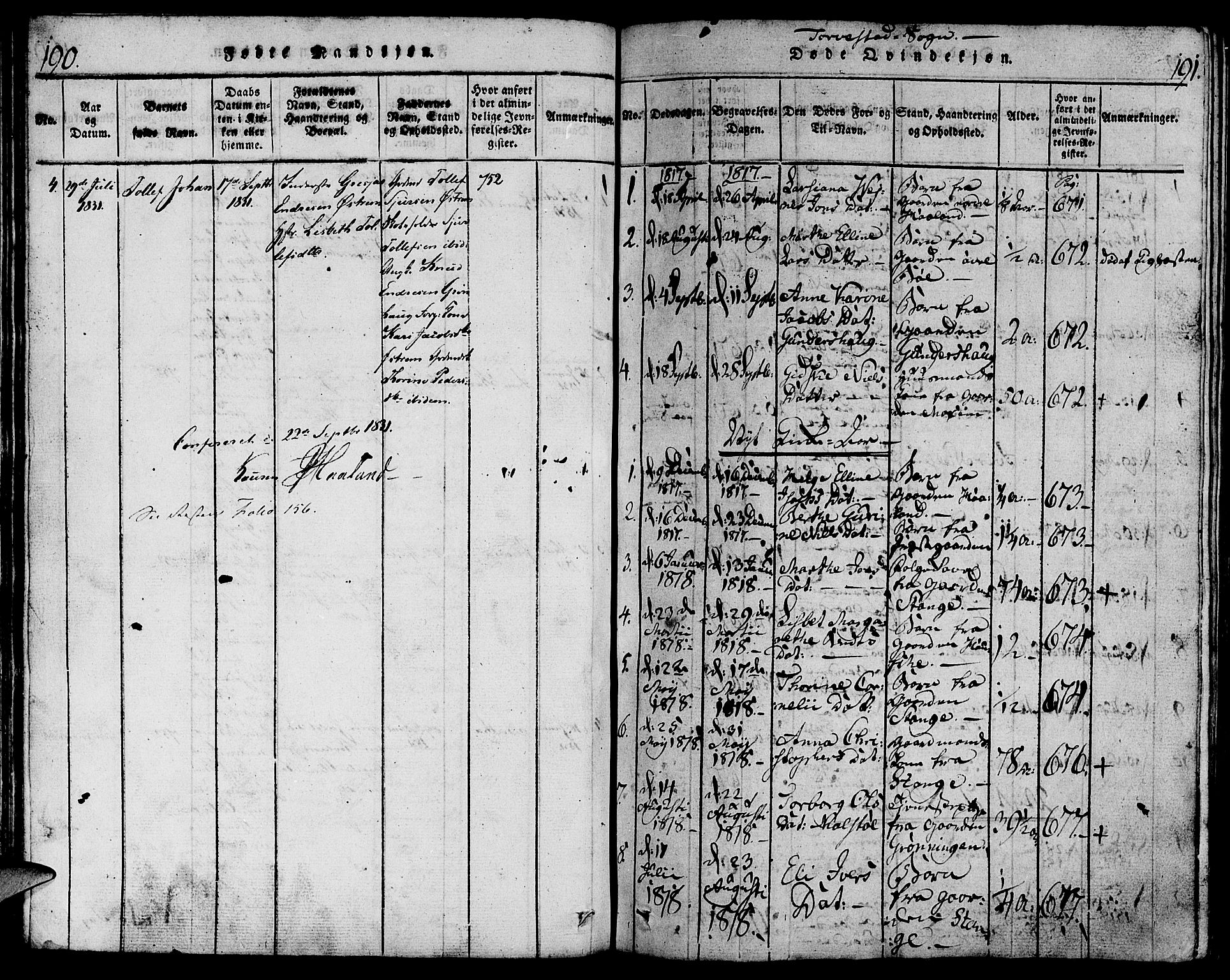 Torvastad sokneprestkontor, SAST/A -101857/H/Ha/Haa/L0004: Parish register (official) no. A 3 /1, 1817-1836, p. 190-191
