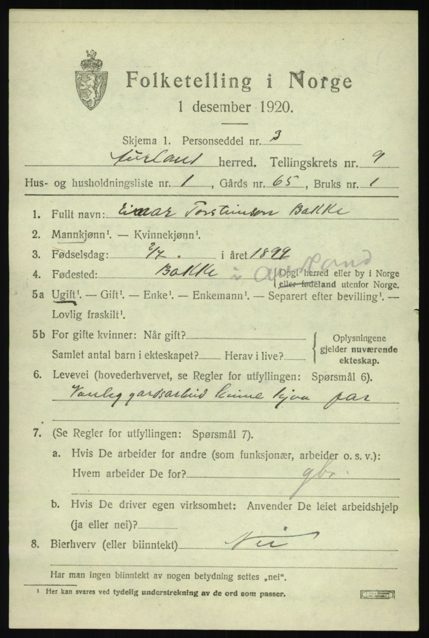 SAB, 1920 census for Aurland, 1920, p. 4748