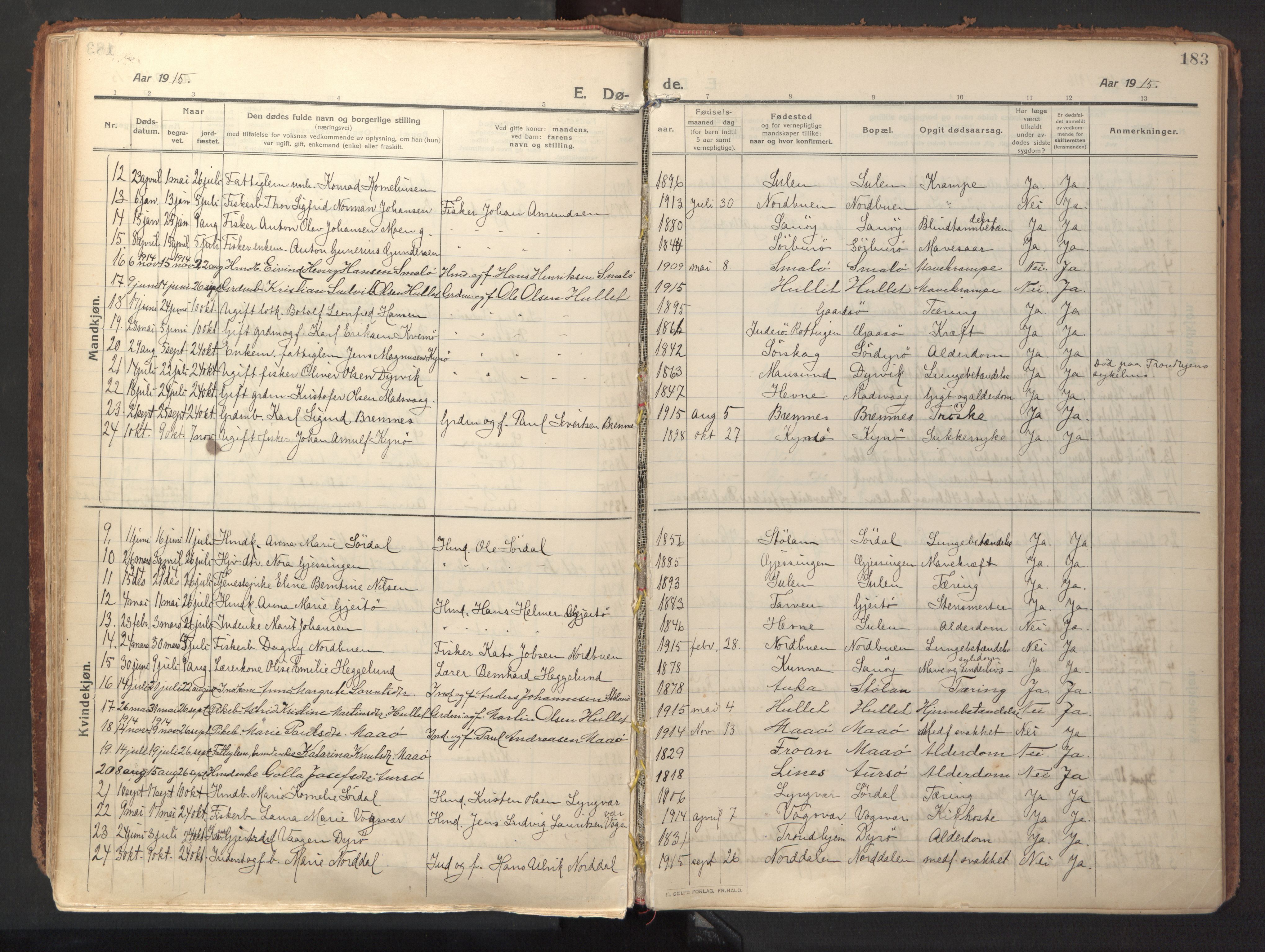 Ministerialprotokoller, klokkerbøker og fødselsregistre - Sør-Trøndelag, SAT/A-1456/640/L0581: Parish register (official) no. 640A06, 1910-1924, p. 183