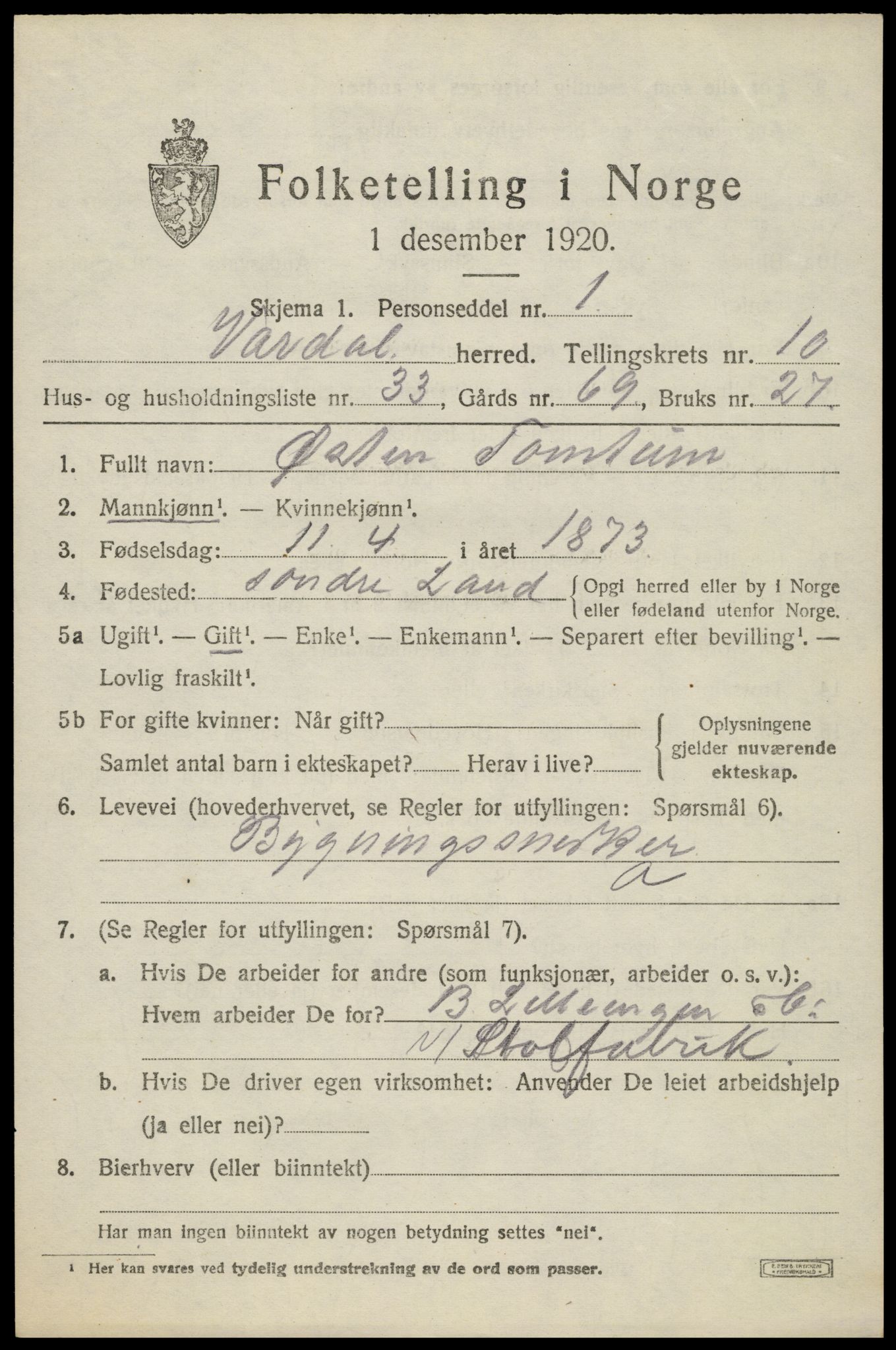 SAH, 1920 census for Vardal, 1920, p. 9031