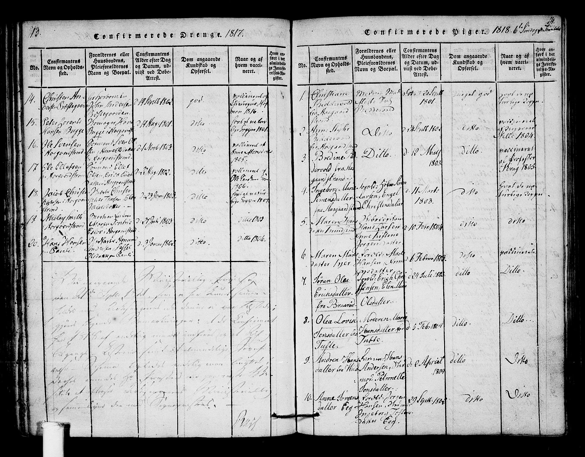 Borre kirkebøker, AV/SAKO-A-338/F/Fa/L0004: Parish register (official) no. I 4, 1815-1845, p. 13-14