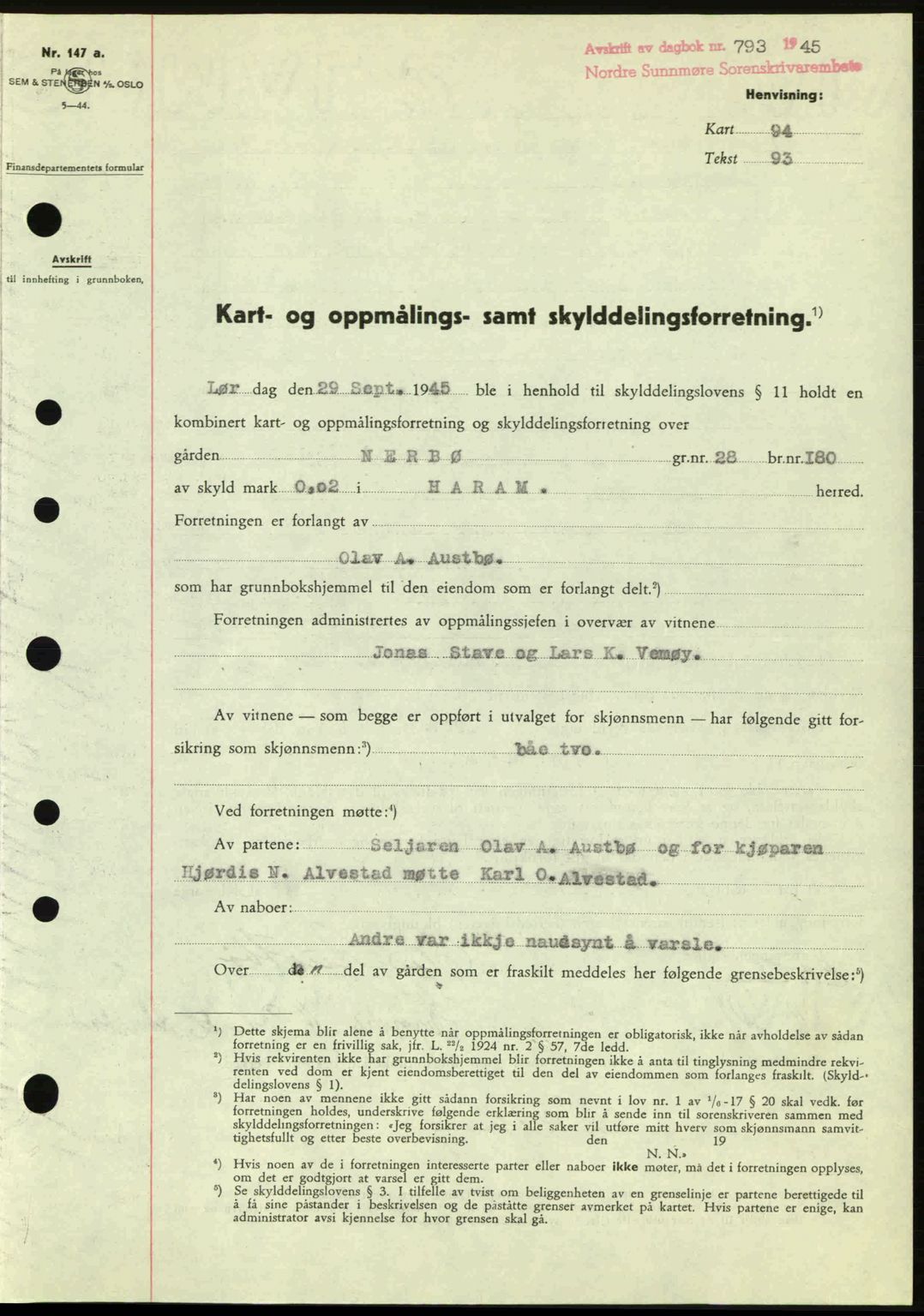 Nordre Sunnmøre sorenskriveri, AV/SAT-A-0006/1/2/2C/2Ca: Mortgage book no. A20a, 1945-1945, Diary no: : 793/1945