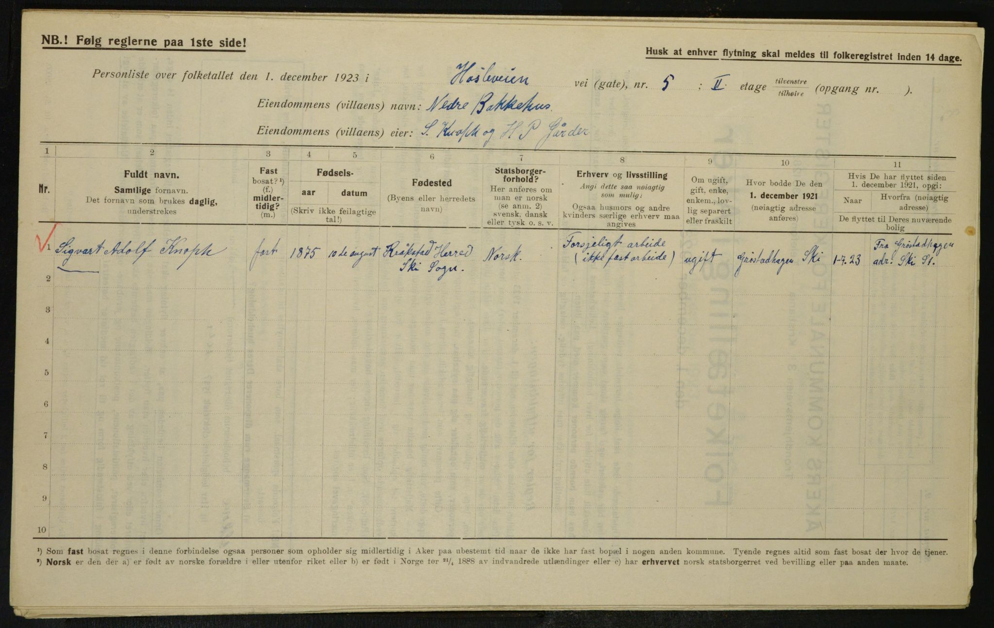 , Municipal Census 1923 for Aker, 1923, p. 25337