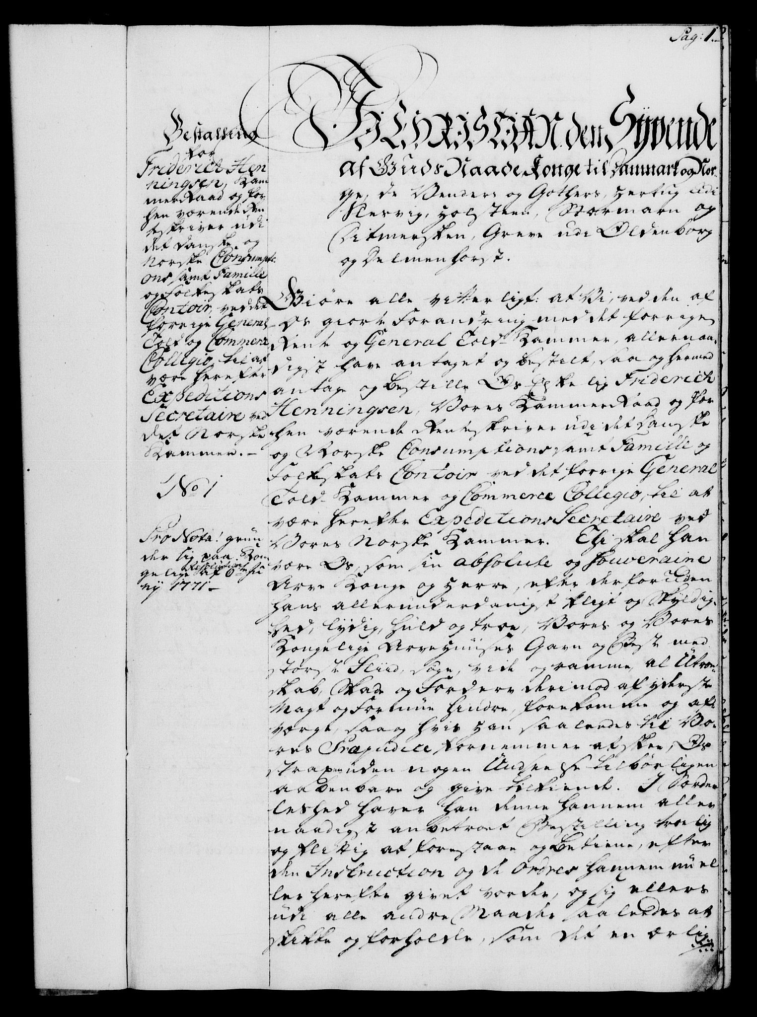 Rentekammeret, Kammerkanselliet, RA/EA-3111/G/Gg/Gge/L0005: Norsk bestallingsprotokoll med register (merket RK 53.29), 1771-1773, p. 1