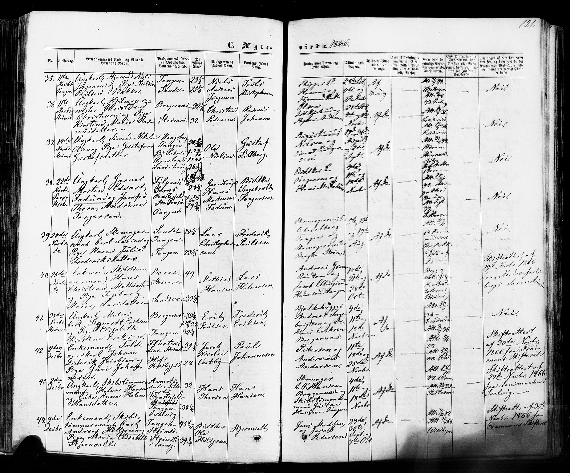Strømsø kirkebøker, SAKO/A-246/F/Fa/L0018: Parish register (official) no. I 18, 1865-1878, p. 121