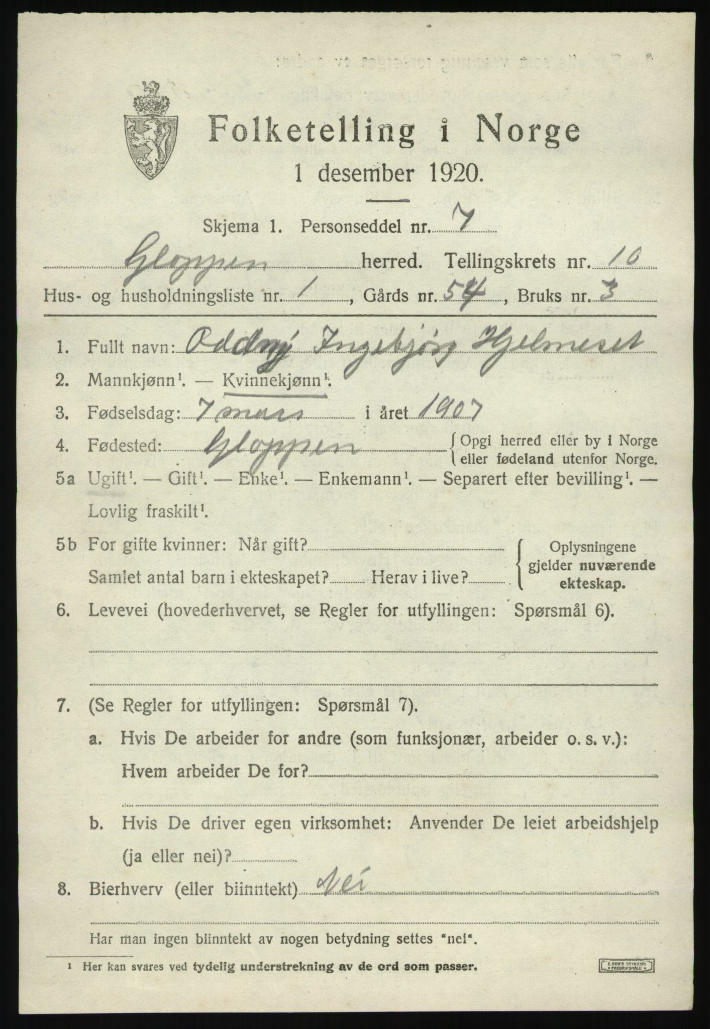 SAB, 1920 census for Gloppen, 1920, p. 5220