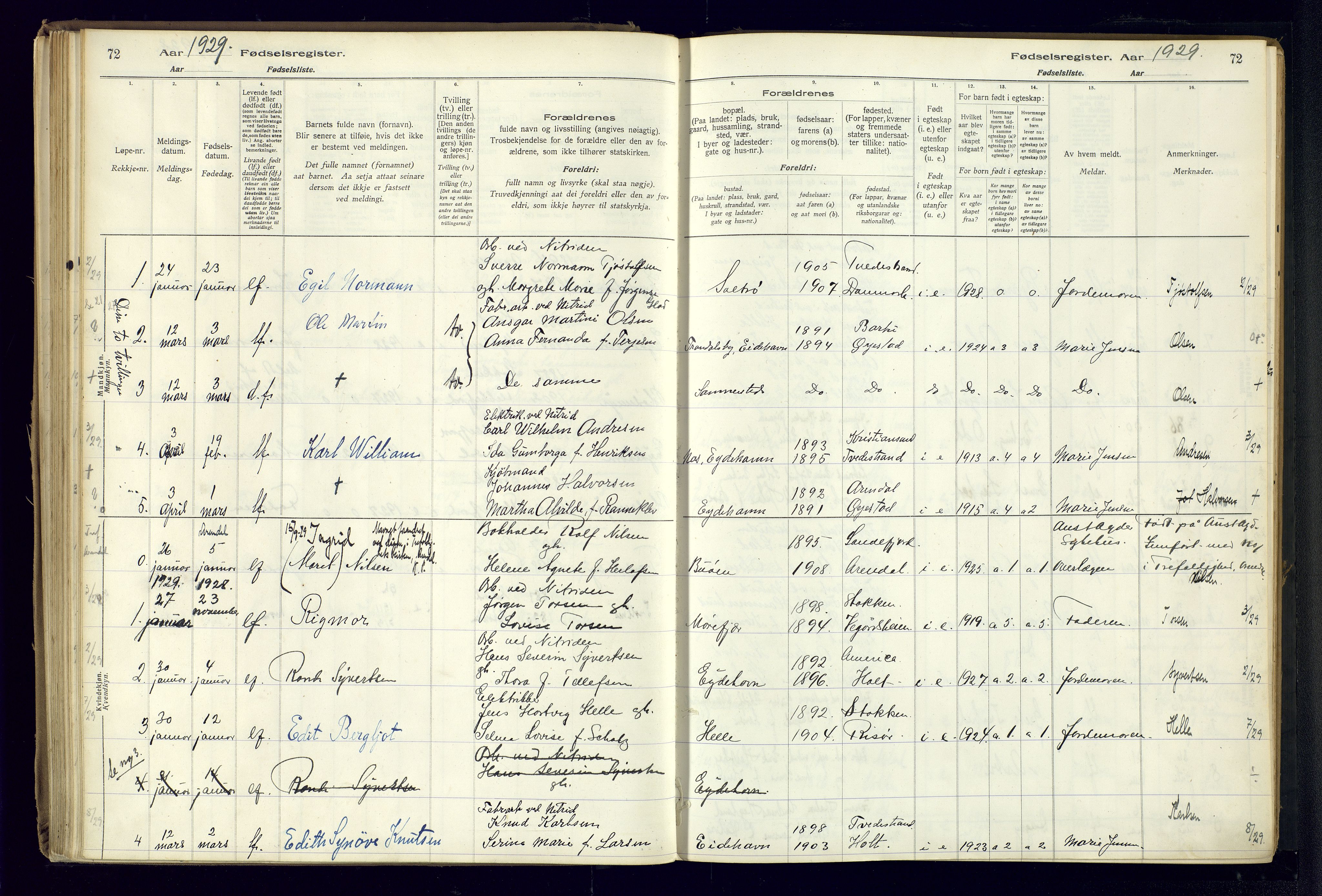 Austre Moland sokneprestkontor, SAK/1111-0001/J/Ja/L0003: Birth register no. A-VI-27, 1916-1950, p. 72
