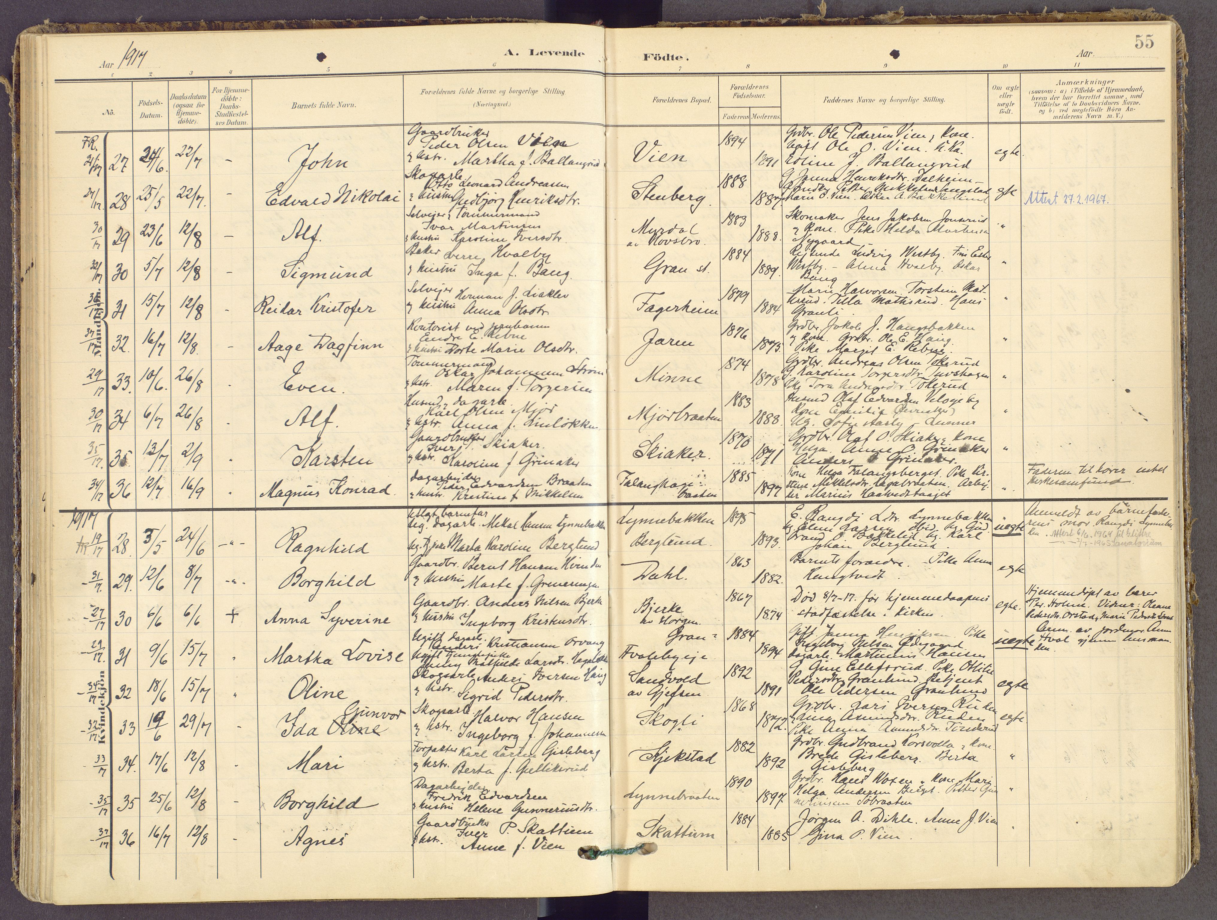 Gran prestekontor, SAH/PREST-112/H/Ha/Haa/L0021: Parish register (official) no. 21, 1908-1932, p. 55