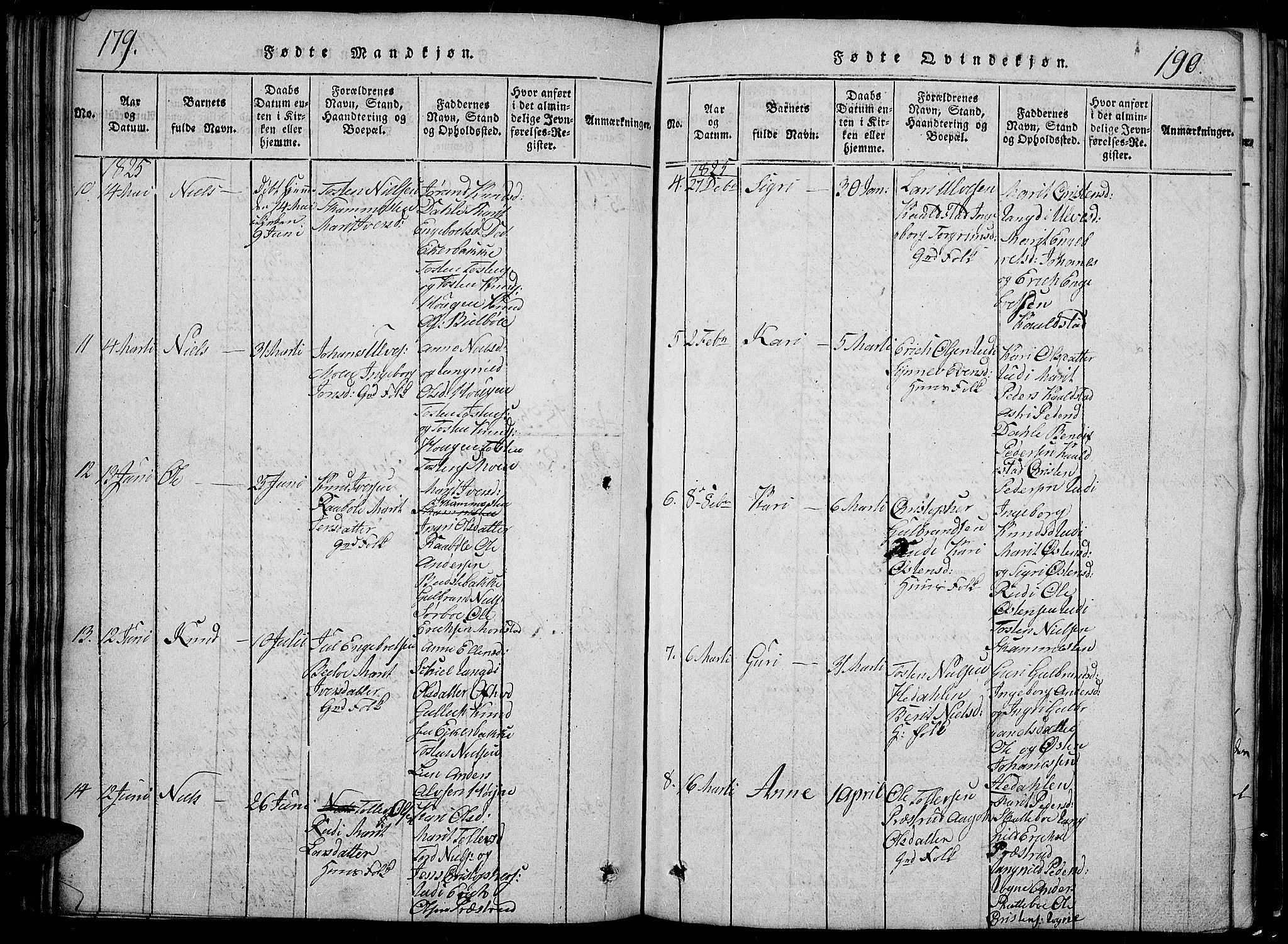 Slidre prestekontor, SAH/PREST-134/H/Ha/Hab/L0002: Parish register (copy) no. 2, 1814-1839, p. 179-190