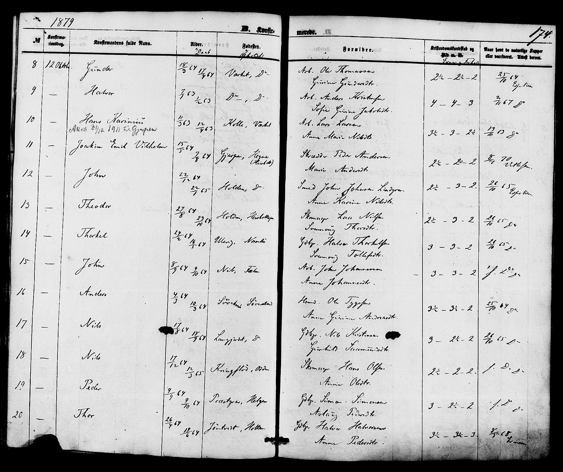 Holla kirkebøker, AV/SAKO-A-272/F/Fa/L0007: Parish register (official) no. 7, 1869-1881, p. 174