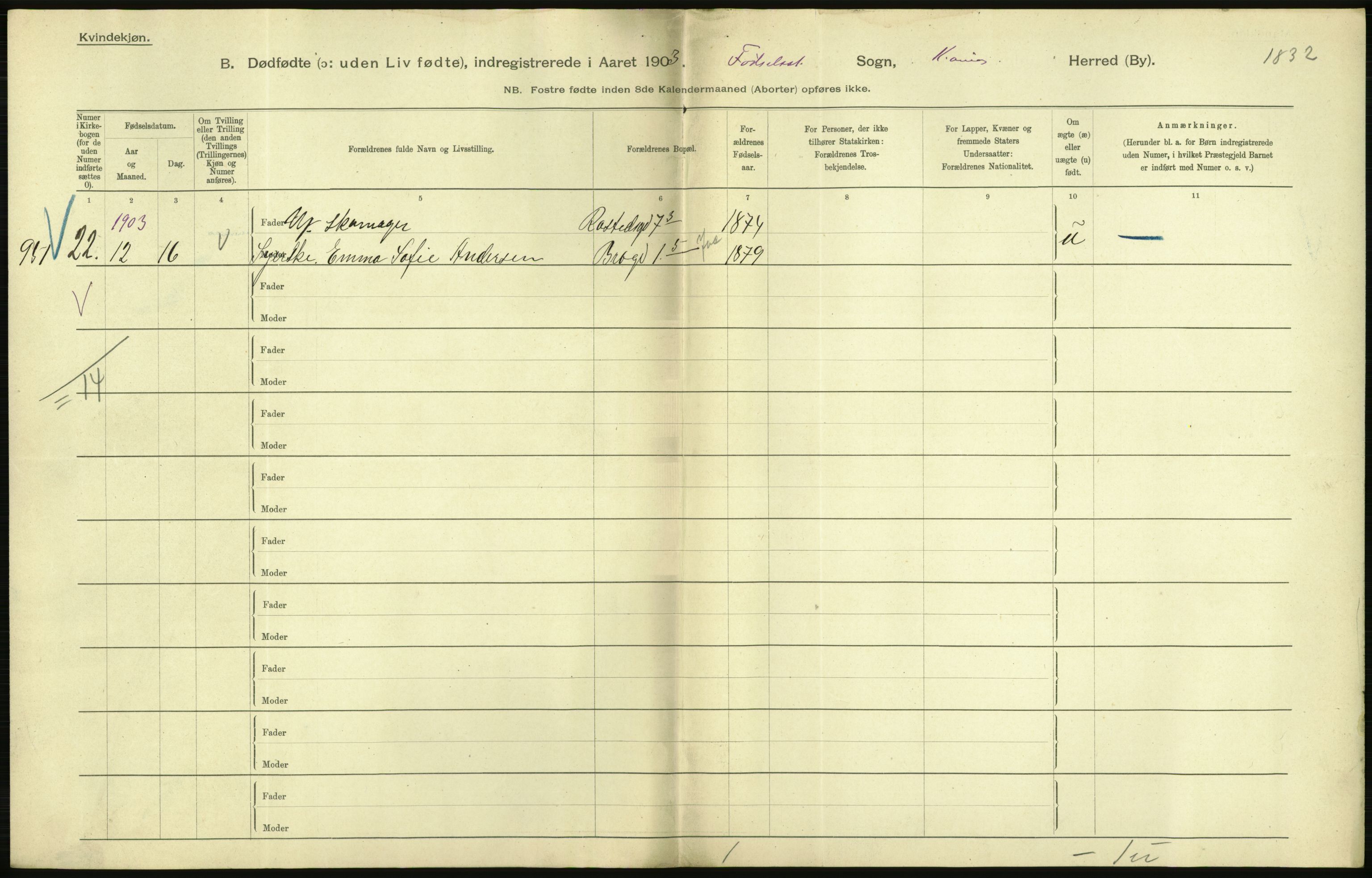 Statistisk sentralbyrå, Sosiodemografiske emner, Befolkning, AV/RA-S-2228/D/Df/Dfa/Dfaa/L0026: Smålenenes - Finnmarkens amt: Dødfødte. Byer., 1903, p. 98