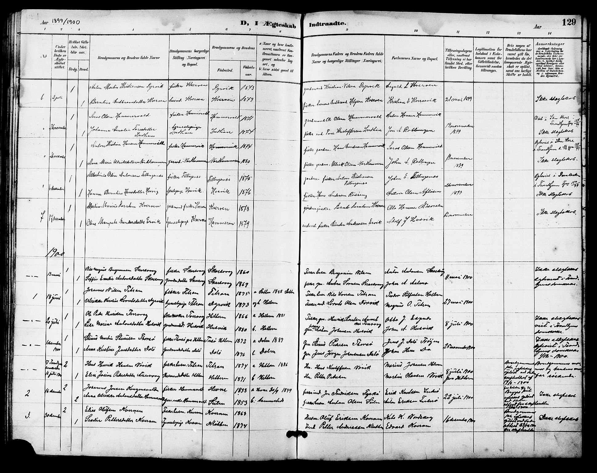 Ministerialprotokoller, klokkerbøker og fødselsregistre - Sør-Trøndelag, AV/SAT-A-1456/641/L0598: Parish register (copy) no. 641C02, 1893-1910, p. 129